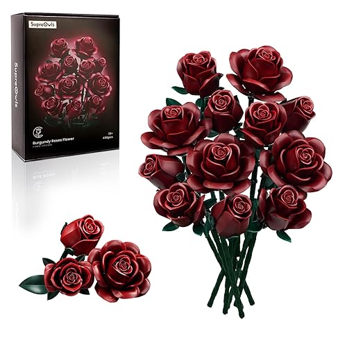 Burgundy Red Rose Bouquet Building Set, Compatible with Lego Flowers for Adults Women, Botanical Collection Gift for Halloween & Valentines - Artificial Plant Gothic Home Decor - IA11016