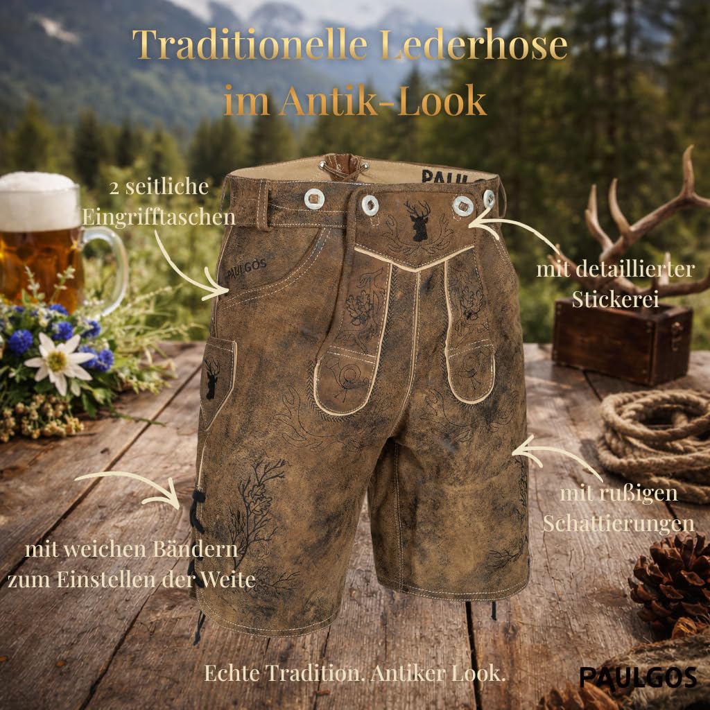 PAULGOS Herren Trachten Lederhose HK3-ANTIK+ Träger, Echtes Leder, Gr. 44-60