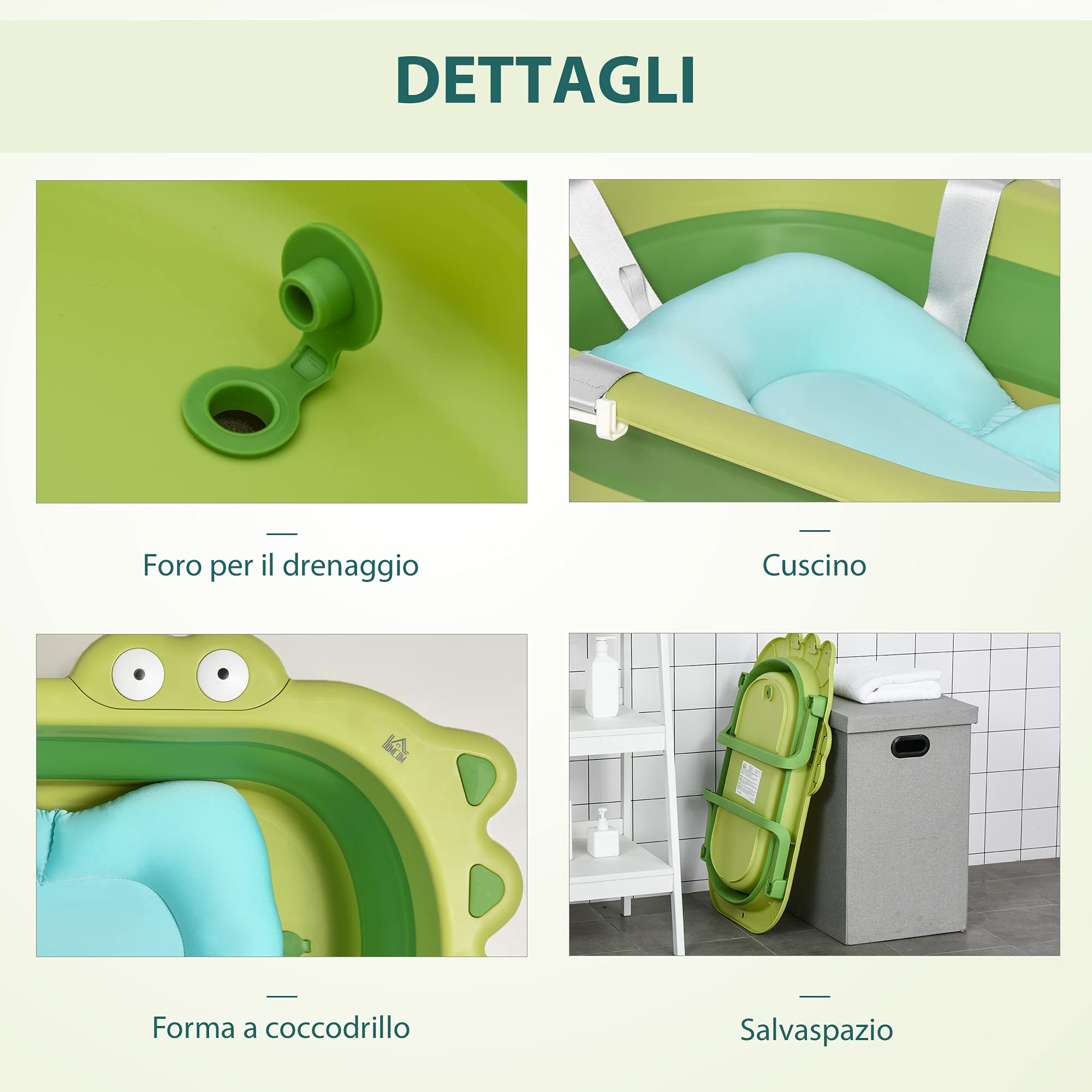 HOMCOM Vaschetta Bagnetto Pieghevole per Bambini 0-3 Anni con Cuscino Regolabile Azzurro e Piedini Antiscivolo, 80x53.9x20.8cm Verde