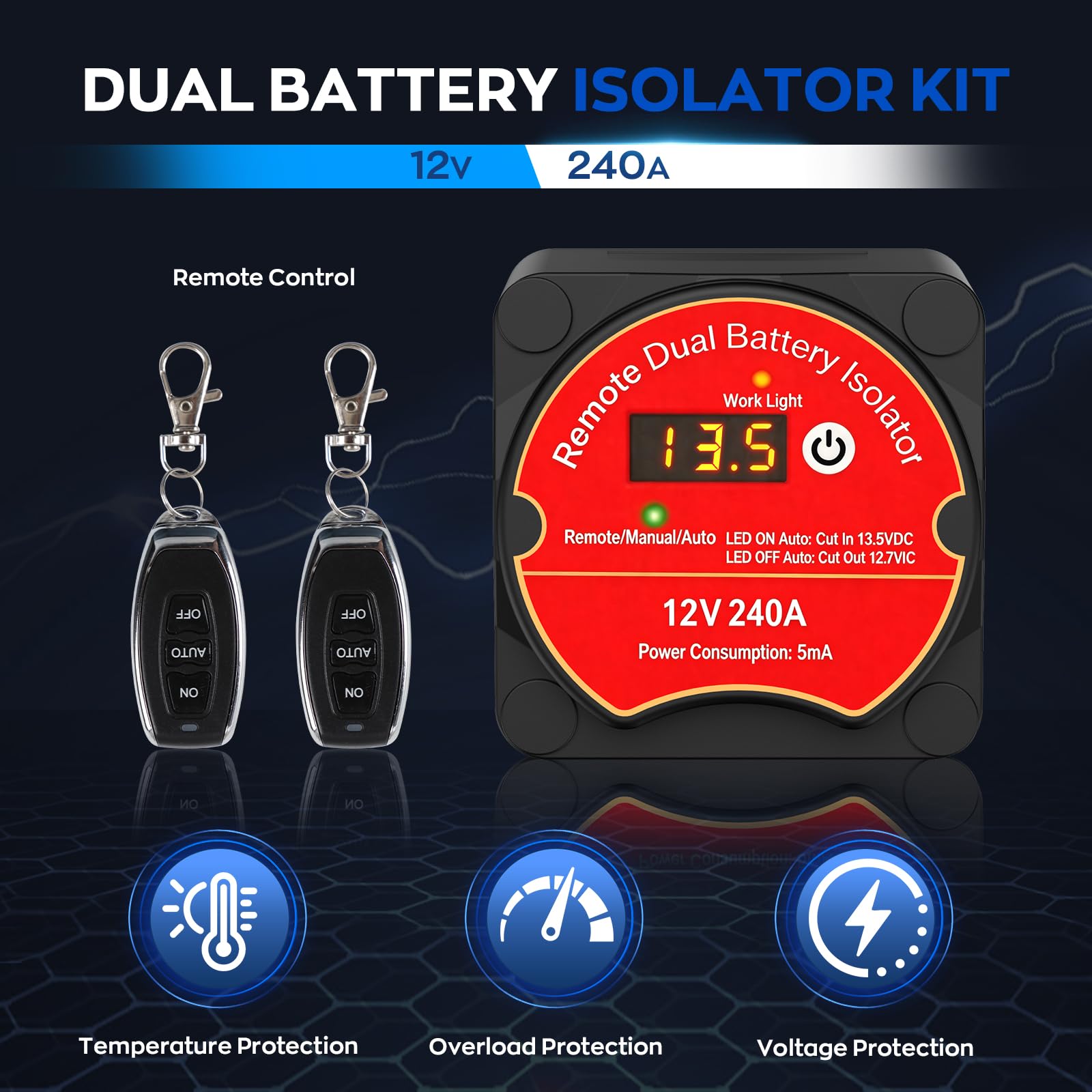 IMAYCC 12V 240A Dual Battery Isolator Kit with Remote LCD, VSR Automatic Battery Isolator Switch, Battery Disconnect Cut Off Kill Switch for Caravan Leisure Battery, Solar, Van, Truck, ATV, UTV, Boat