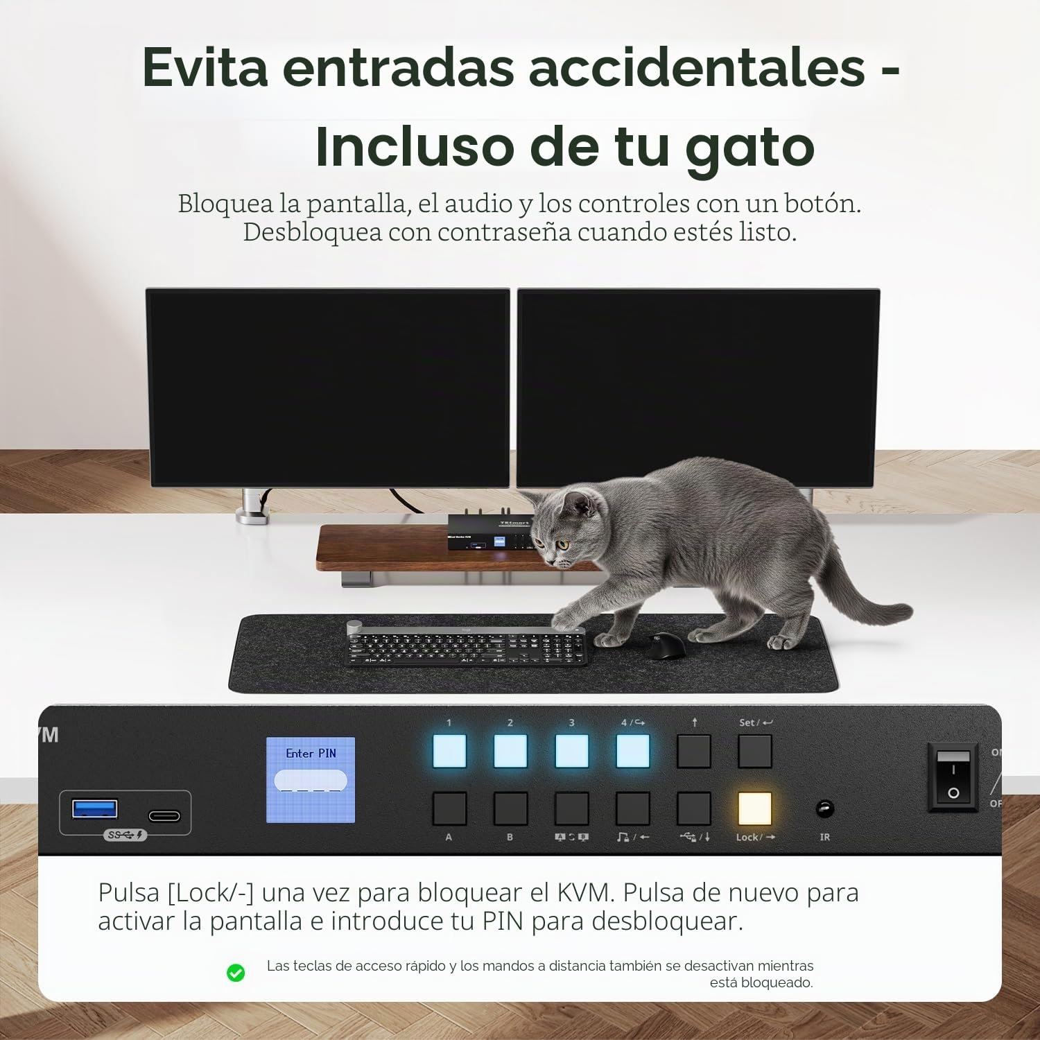 TESmart Conmutador KVM HDMI 2.0 para 4 PC y 2 Monitores,KVM Switch 4K a 60 Hz,Bloquear Audio/Micrófono USB 3.0 (BC 1.2 7,5 W), 4 Entradas y 2 Salidas,EDID, Teclado hotkey/Ratón/Botones/IR,PC Cables