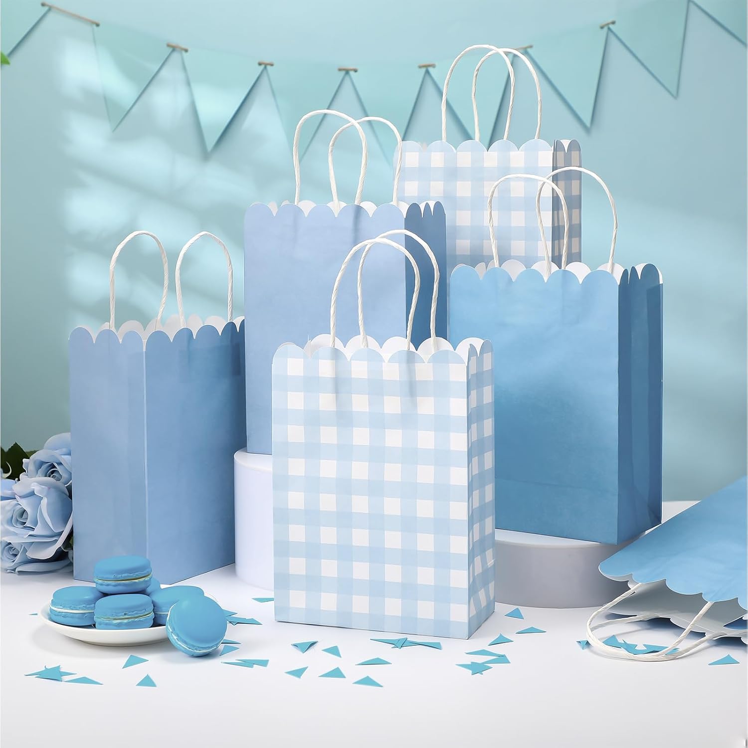 Kolldenn 24 Pcs Blue Gingham Party Supplies Gift Bags with Handles Scallop Kraft Paper Treat Candy Goodie Party Favor Bags for Baby Shower Birthday Wedding Decor - Image 2