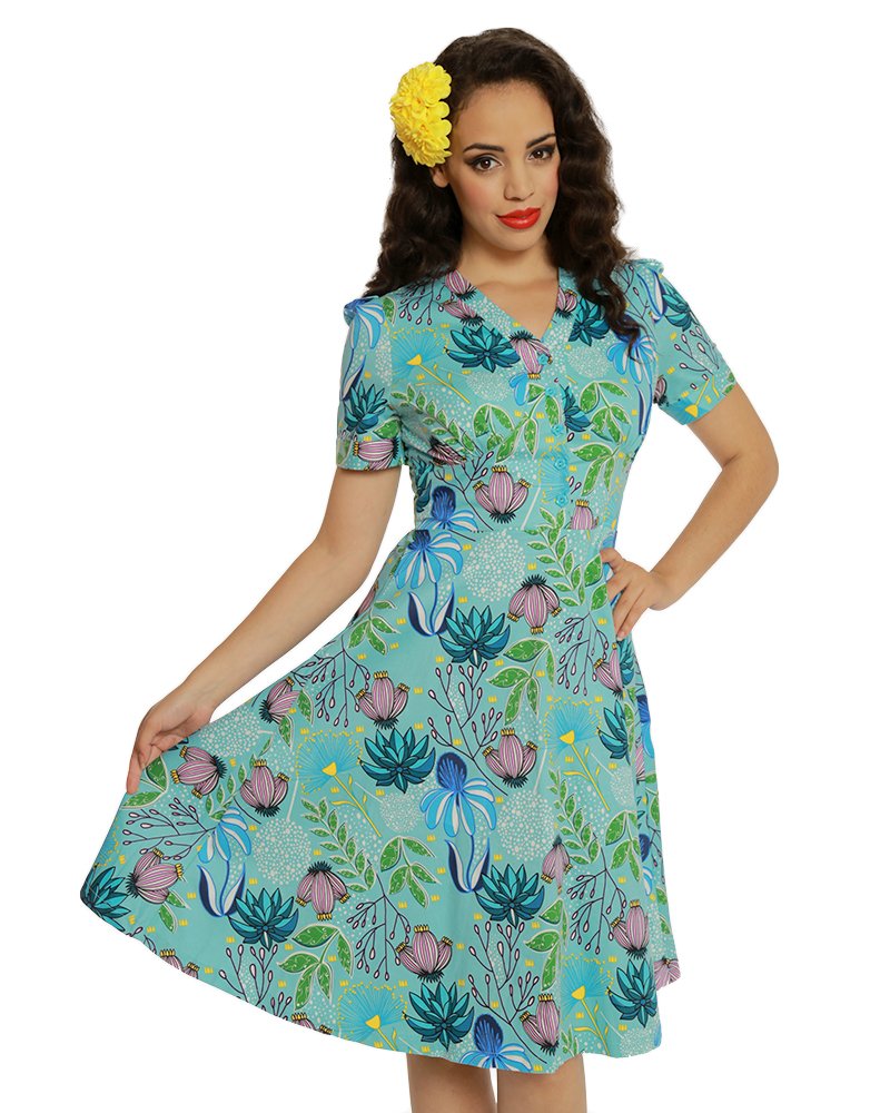 Lindy Bop 'Ionia' Turquoise Floral Tea Dress - 14