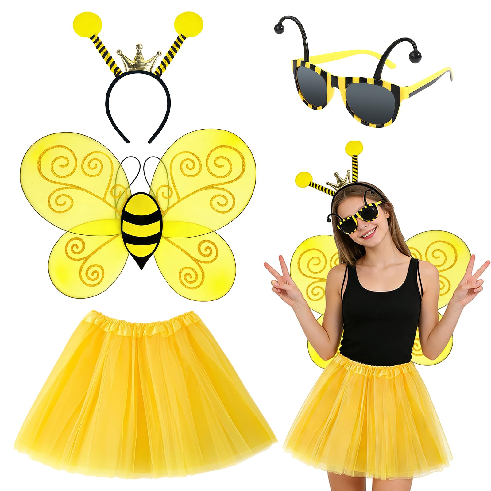 Kitimi Bijenkostuum voor dames, bijenkostuum voor volwassenen, 4-delige set voor cosplay en Halloween, carnaval, met bijen-haarband, handschoenen, sokken, bril, vleugels