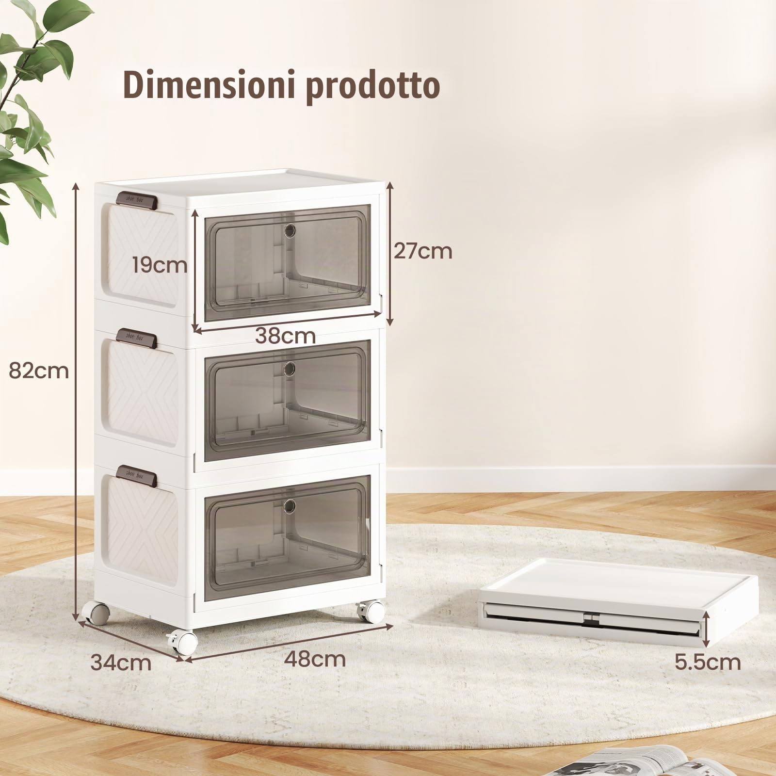KOMFOTTEU Scatola portaoggetti pieghevole 75/105 l, contenitore in plastica a 3 livelli con 4 ruote, scatola organizer con coperchio e 2 aperture per camera da letto, soggiorno (105 L)