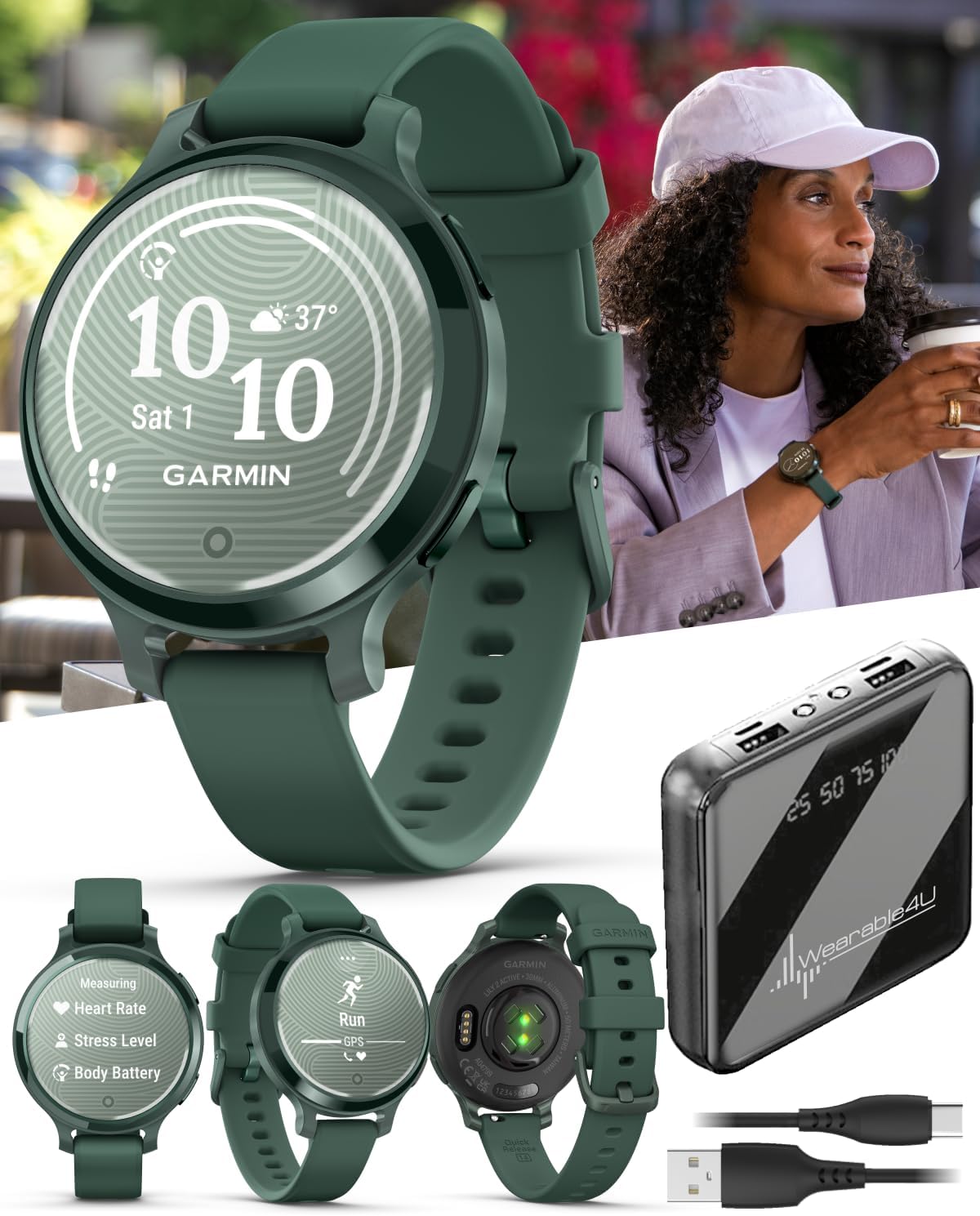 Wearable4U Garmin Lily 2 Active, Jasper Green with Jasper Green Silicone Band, Smartwatch, Built-in GPS, Hidden Display, Patterned Lens, Up to 9 Days Battery Life w Power Bank Bundle