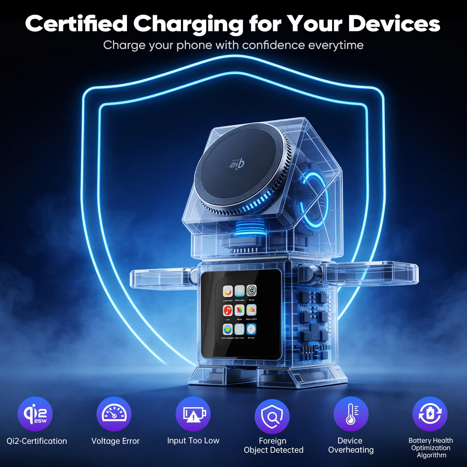 Robotic Station de charge sans fil 3 en 1 pour iPhone avec écran tactile LCD, haut-parleur Bluetooth, réveil, Qi2 25 W magnétique rotatif pour iPhone iWatch AirPods, adaptateur 45 W inclus, argenté