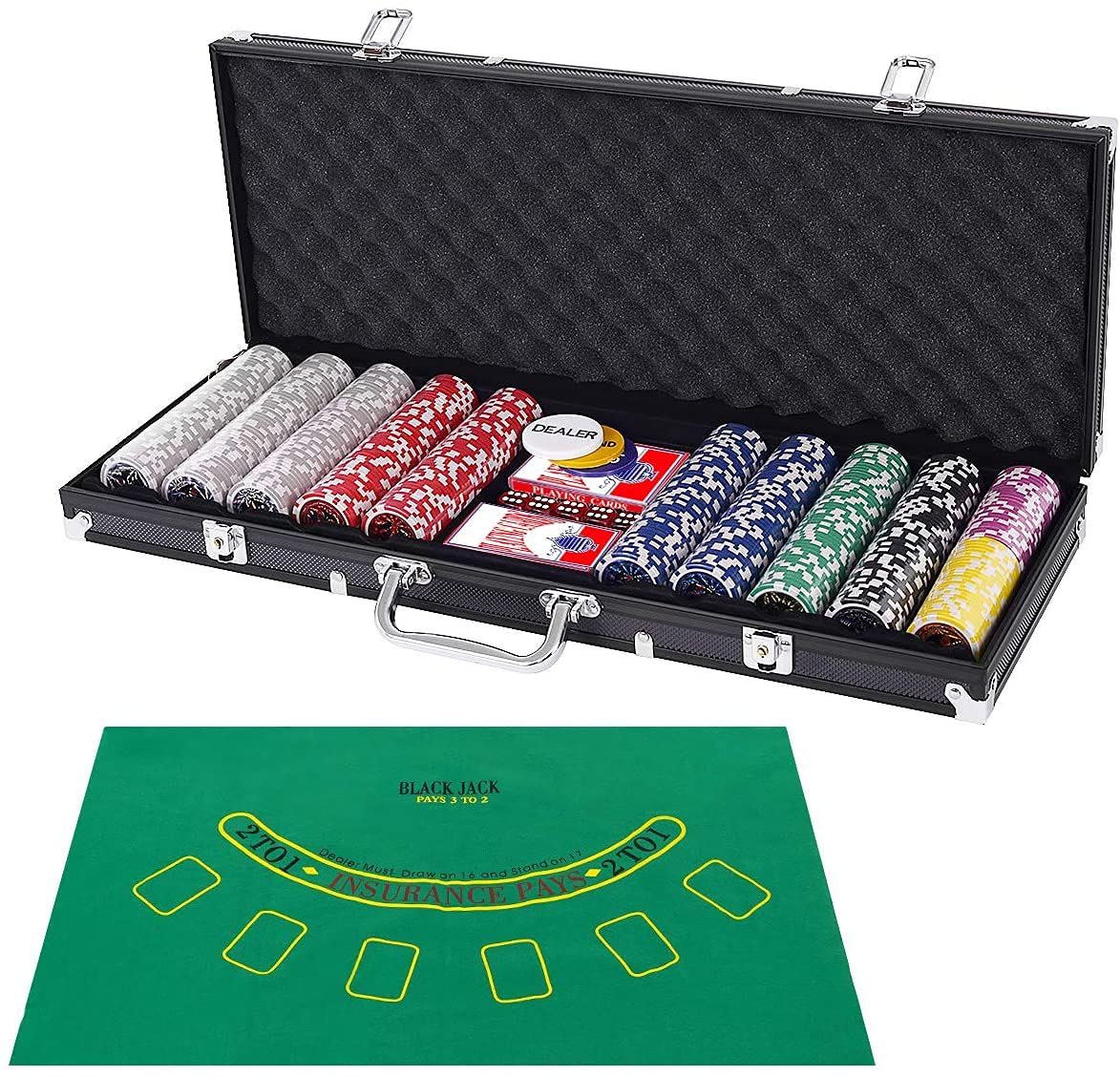RELAX4LIFE Mallette de Poker avec 500 Jetons, 5 Dés, 3 Boutons, 2 Jeux de Cartes et 1 Tapis, Coffret de Poker en Alu Verrouillable pour Maison et Casino, Noir/Argent (Noir)