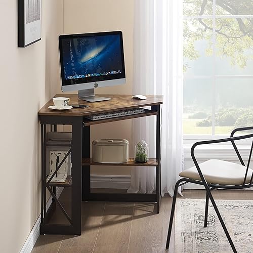 Miniatura 2 de VECELO Escritorio esquinero para computadora de 41 x 30 pulgadas color marrón antiguo y moderno versátil mesita de noche con diseño en X estante de