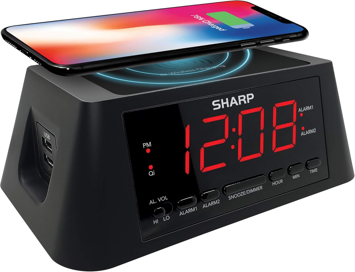 Sharp Digital Alarm Clock with Wireless Qi Charging 2 USB