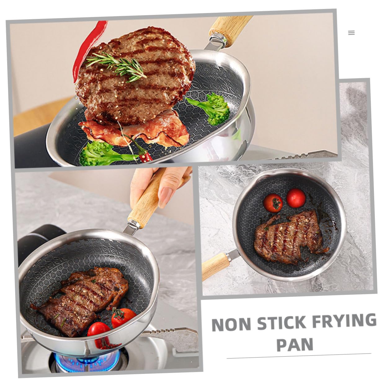 POPETPOP Padella Antiaderente in Acciaio Inox Padella per Uova e Bistecche Fondo Piatto per Distribuzione Calore Uniforme Comodo Manico per Presa Salda Leggera e Portatile