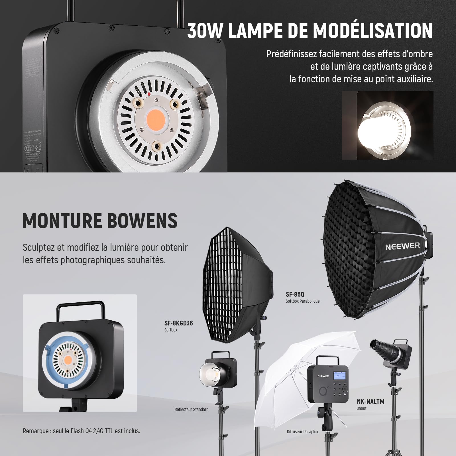 NEEWER Q4 400Ws 2,4GHz TTL Flash Studio extérieur(Nouveau Design) Compatible avec Godox,1/8000s HSS/2800mAh/Lampe Pilote 30W/Flash 400Ws à Pleine Puissance