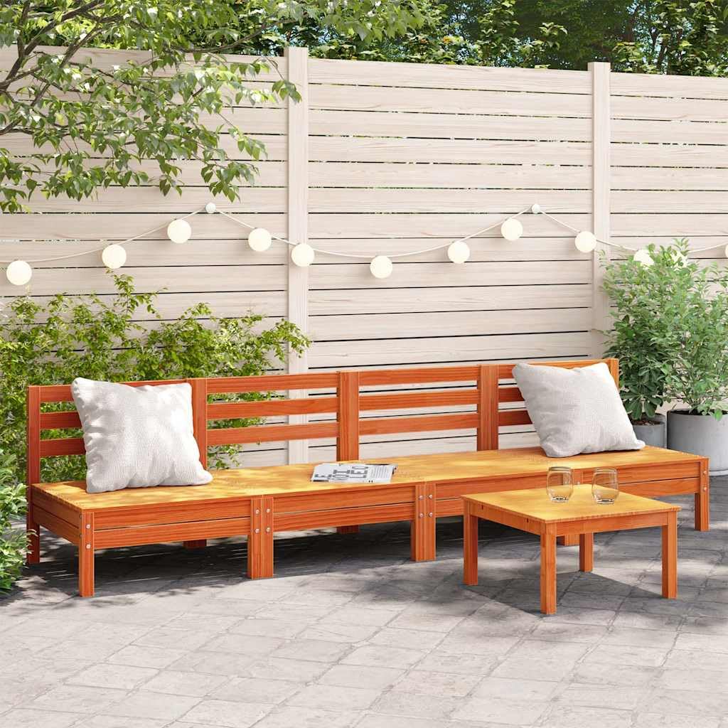 Outdoor Armless Garden Sofa Set of 4 in Wax Brown Solid Pine Wood, Modular Configuration for Patio Balcony Terrace, Weather Resistant Seating with Rustic Aesthetic and Easy