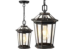 VIANIS Outdoor Hanging Lantern Light, Anti-Rust Black Farmhouse Chandelier with Seeded Glass for Porch