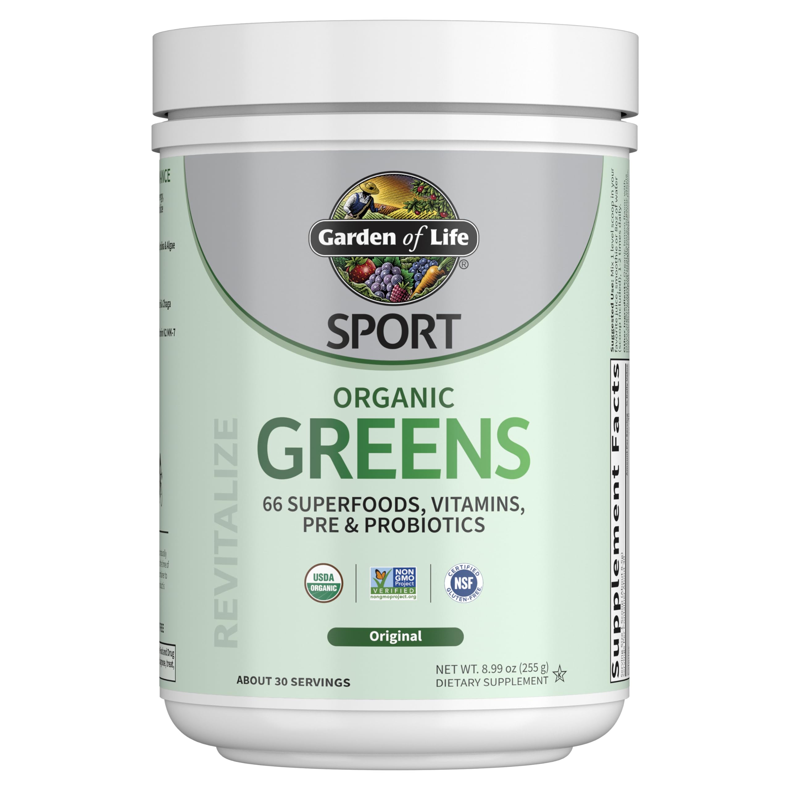 Polvo de verduras y superalimentos Garden of Life Sport Nutrition para mujeres y hombres - Sin sabor, mezcla orgánica - Espirulina, fruta, vitaminas, prebióticos y probióticos, hongos, suplementos deportivos, 30 porciones
