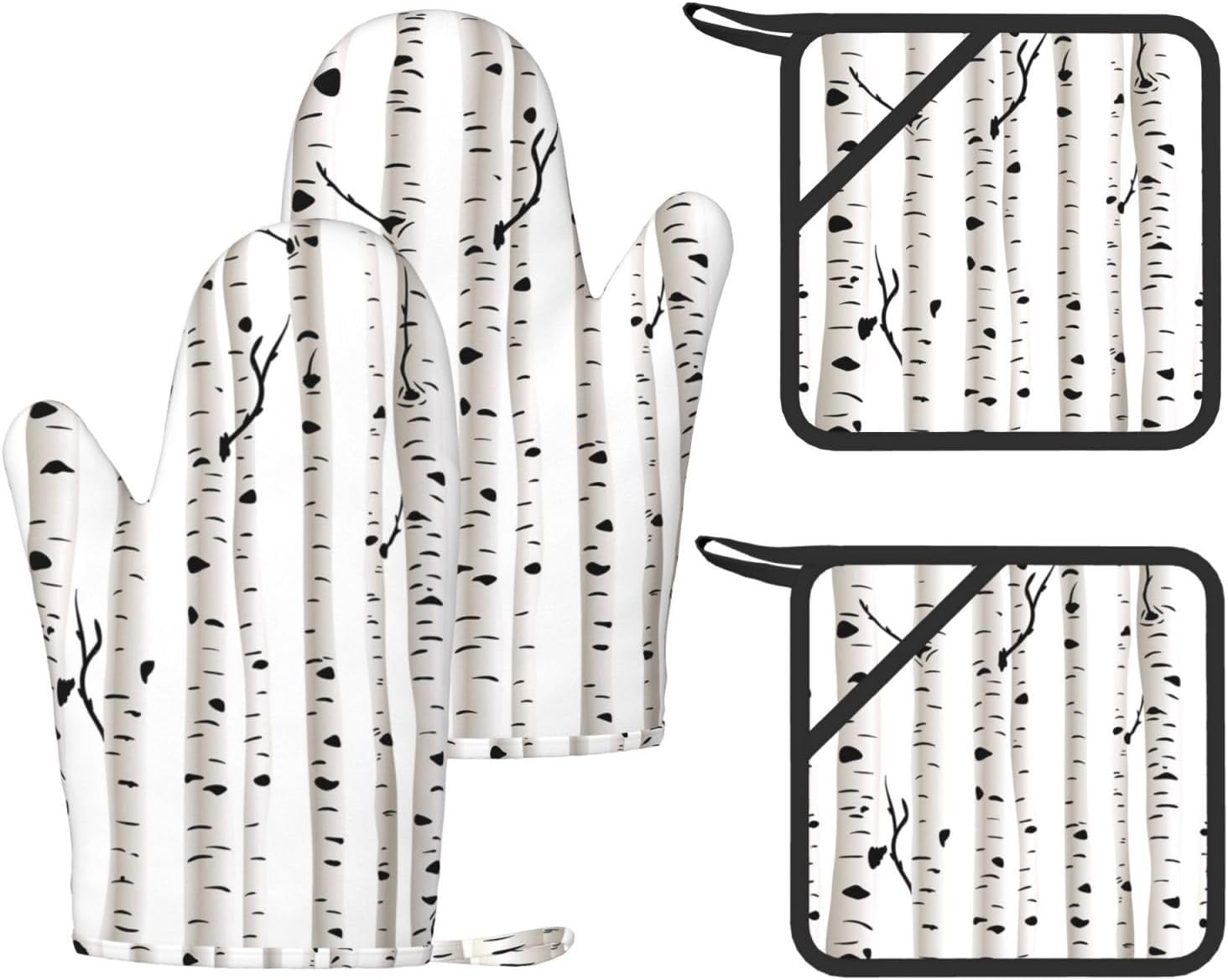 Birch Tree Oven Mitts and Pot Holders Set of 4 Heat Resistant Kitchen Gloves with Silicone Palm Hot Pads for Baking Cooking Grilling BBQ