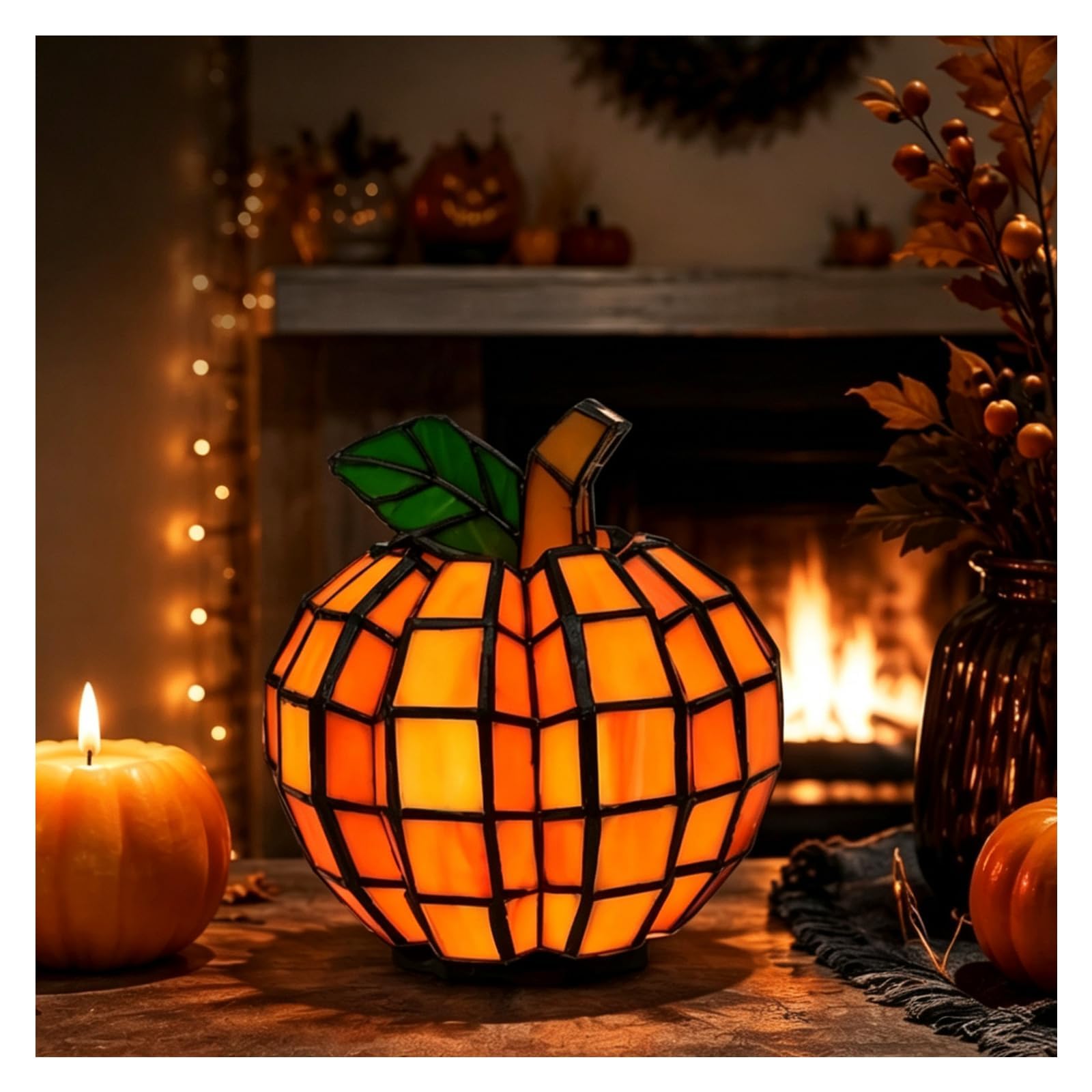 Stained Glass Pumpkin Lamp, Halloween Pumpkin Stained Glass Lamp, Halloween Pumpkins Ornaments Starry Night, Indoor Pumpkins Lantern Decorations, Accent Table Lamp for Home Holiday Party Decor