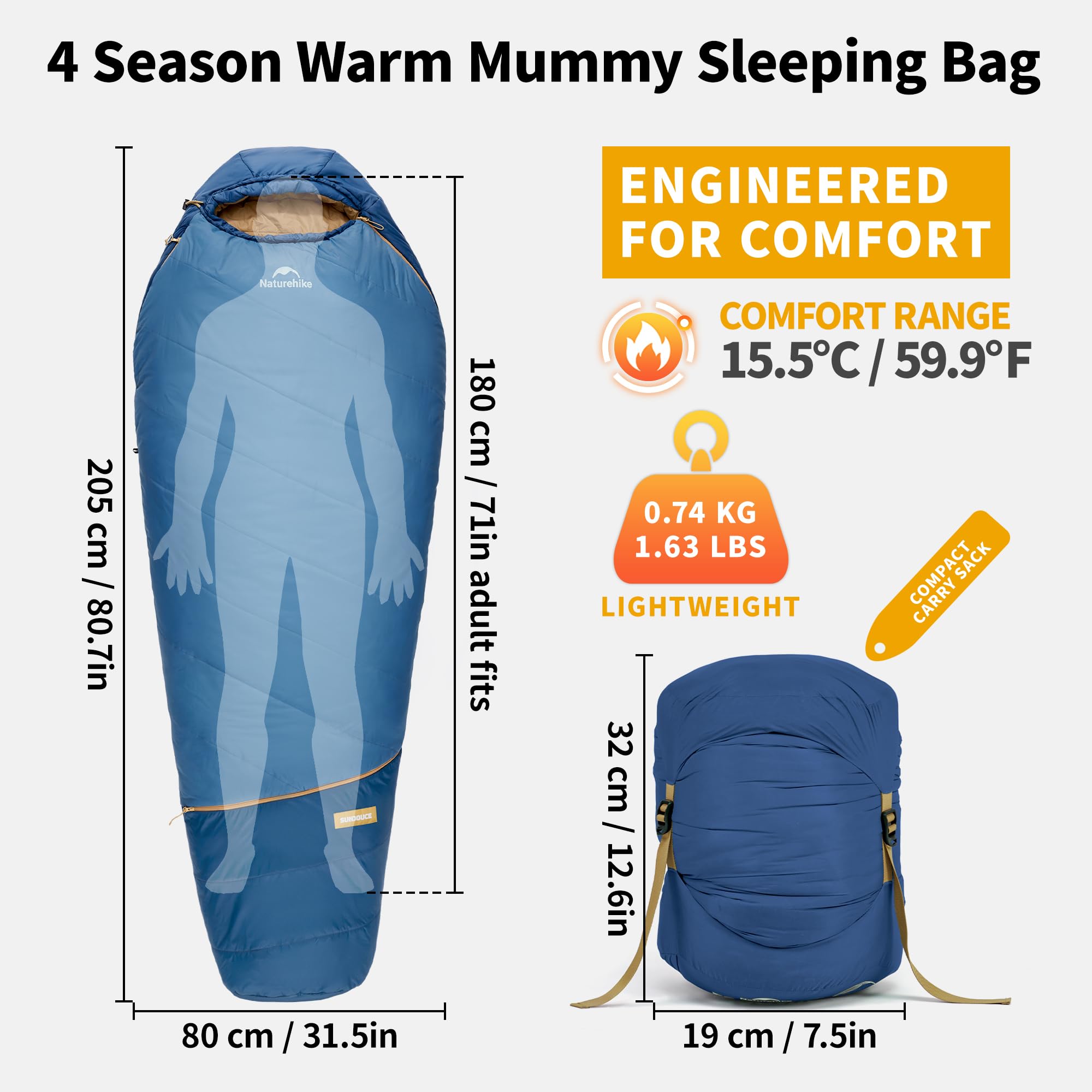 Naturehike Mujin Pro Sacco a pelo a mummia per adulti, 4 stagioni, caldo, impermeabile, resistente al freddo, leggero e portatile, per campeggio, escursionismo, attività all'aria aperta e viaggi