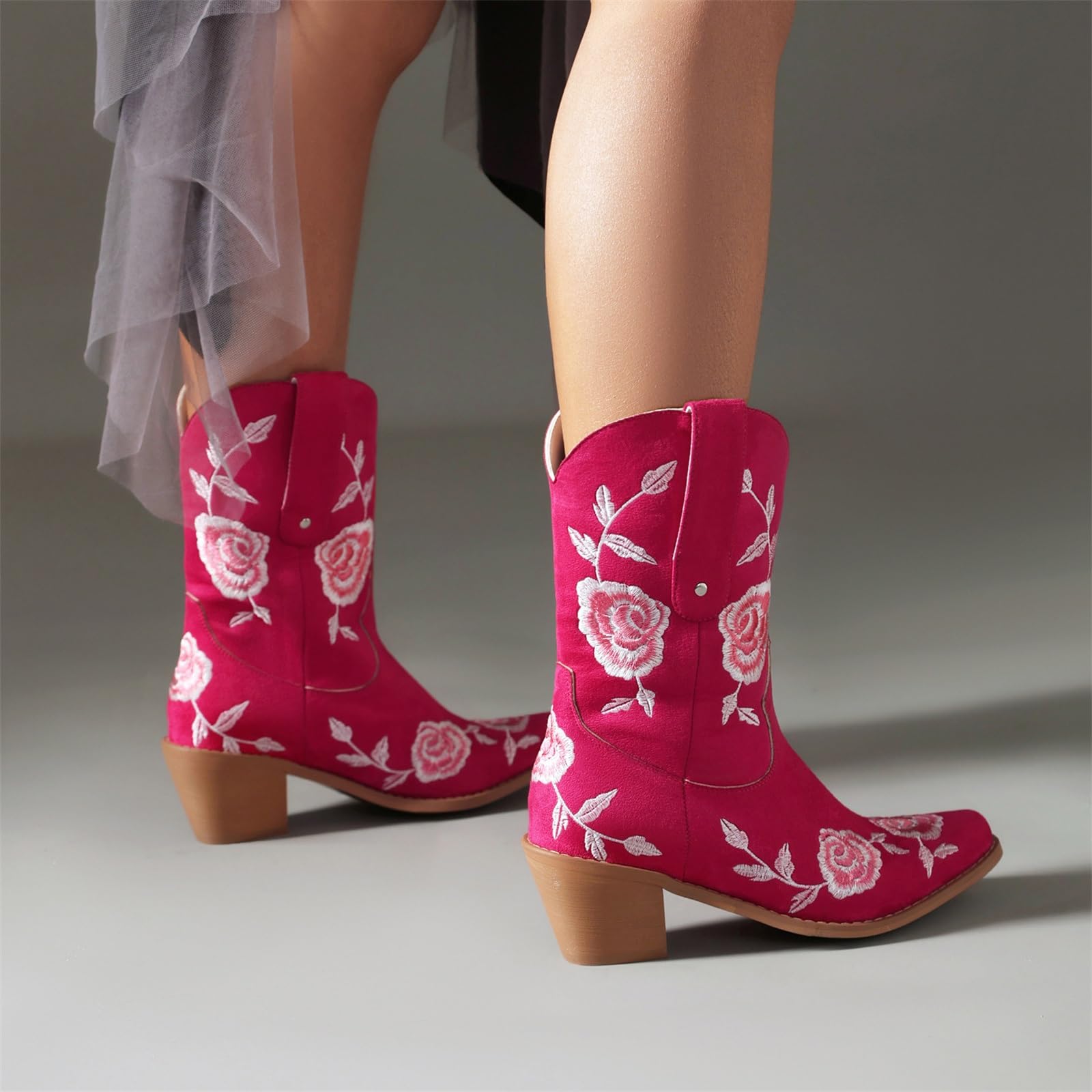 MEECHI Stivali Corti con Ricami Floreali Boots da Cowboy Western da Donna Stivaletti retrò con Tacco A Blocco Scarpe alla Caviglia con Punta Quadrata for Feste, Country, Concerti