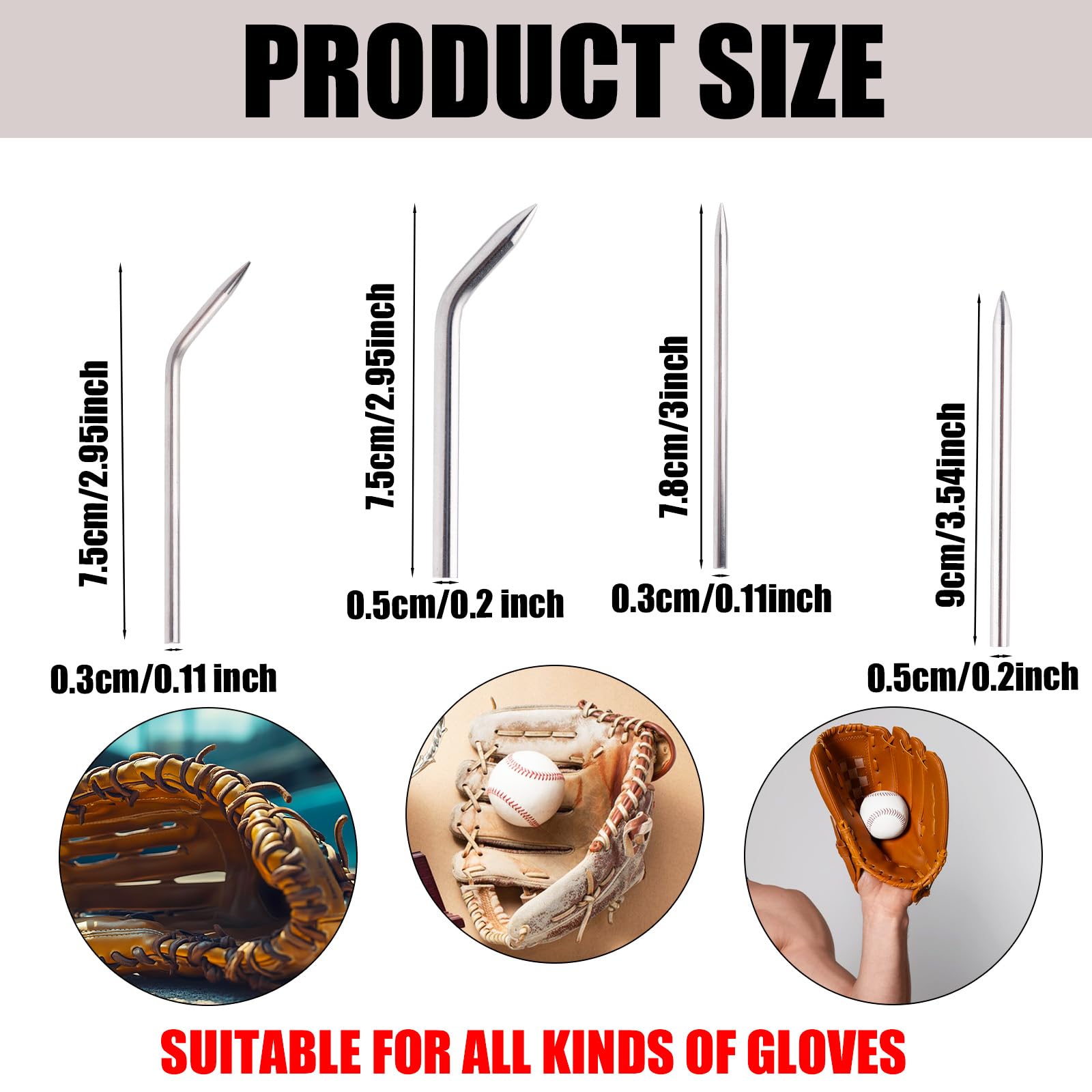 Gosknor 8pcs Aiguilles Laçage pour Gants Baseball, 4 Styles Acier Inoxydable pour Réparation Gants Softball Baseball Cuir Aiguilles Courbées Outils Pratiques Réparation et Remplacement(Argent)