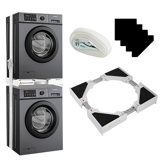 Washer Dryer Stacking Kit, Universal 24/25/ 26/27/ 28/29 Inch Washer and Dryer Stackable, Adjustable Stacking Kit for Dryer Machine and Washing with Ratchet Strap, Space Saving Solution