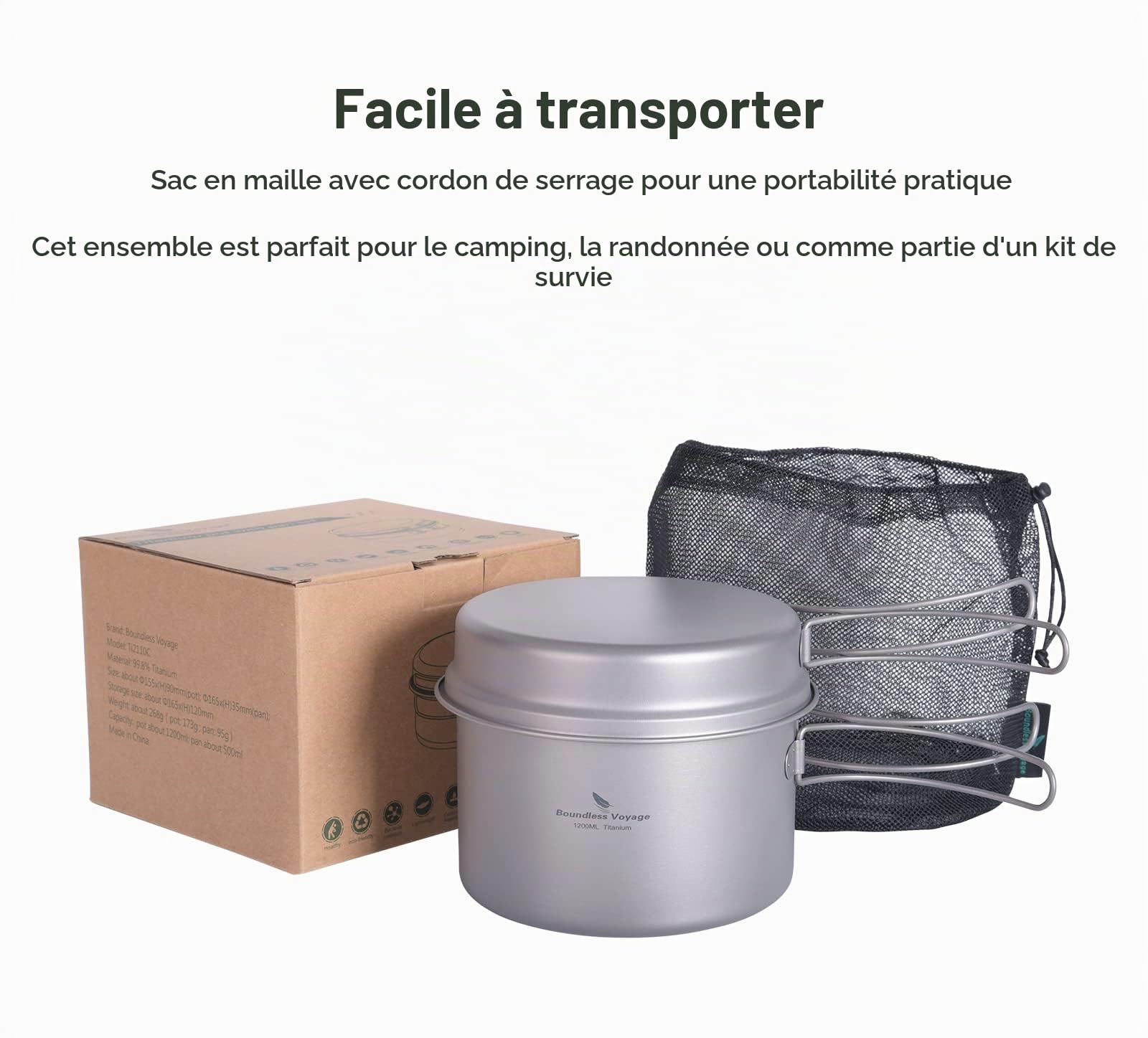 iBasingo Ensemble de casseroles en Titane Ustensiles de Cuisine de Camping Ensemble de Bols légers d'extérieur Kit de Mess de Cuisine avec poignée Pliante pour 1-2 Personnes 2 pièces/Ensemble