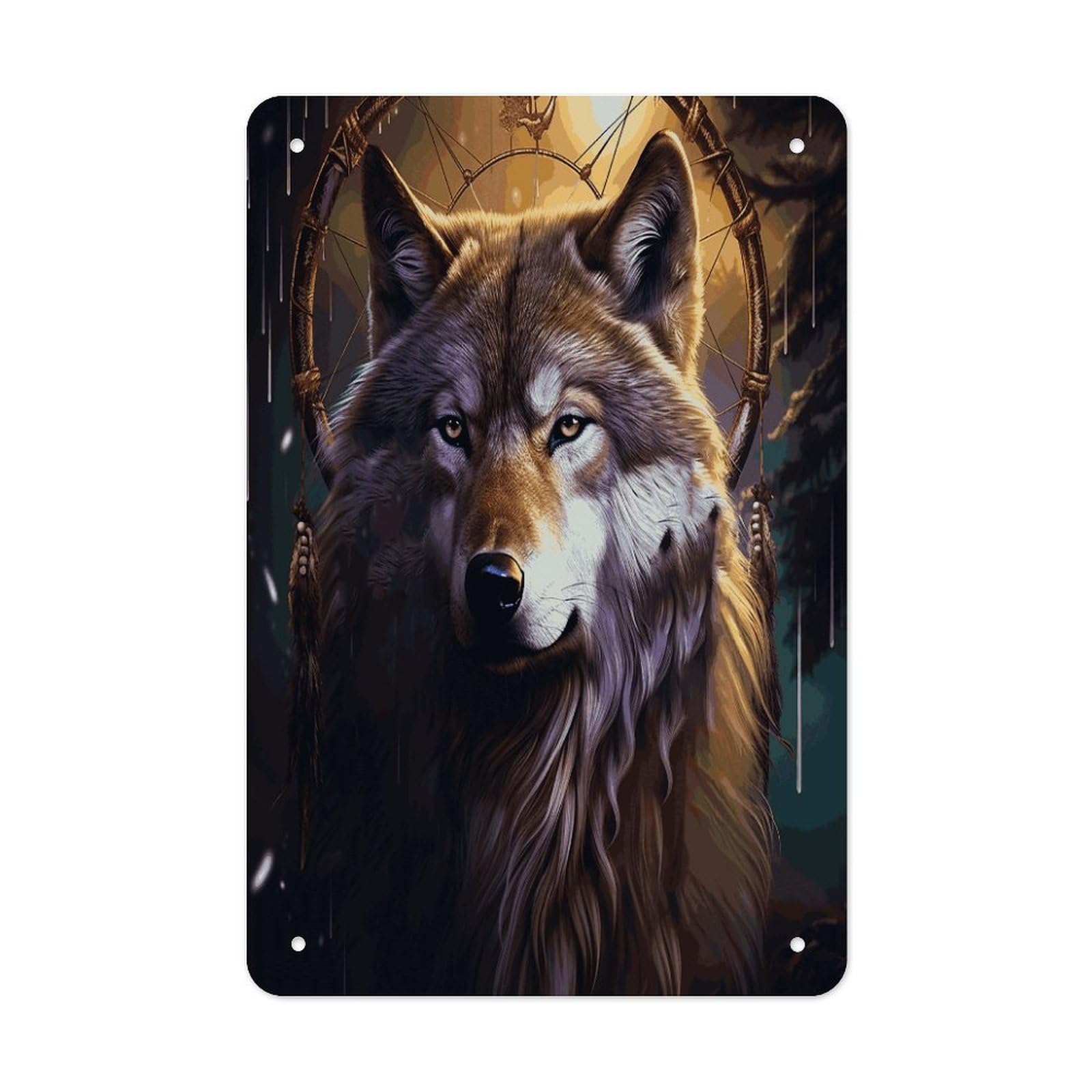 LDGSUPH Wolves And Dream Catchers Wall Art Prints Folded Edge Iron Sheet Painting with Holes for Wall Prints Decorative Picture Metal Signboard Decor Painting for Outdoor Indoor Wall Decor