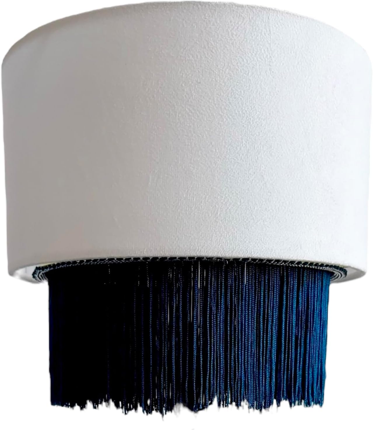 Tristan Home Premium Velvet Drum Lamp Shade with Fringe, 30cm Width 24cm Height Including Fringe (White and Dark Blue, Small)