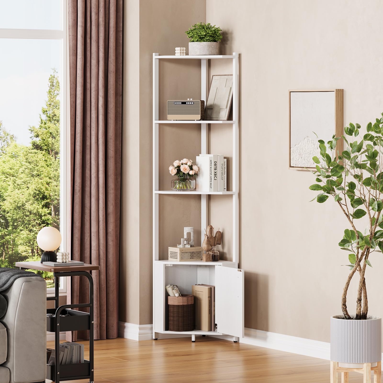 Garvee Modernes 5-stöckiges Eckregal aus Holz – 145 cm hoch – Platzsparendes Standregal für Wohnzimmer, Schlafzimmer, Küche oder Bad – Viel Stauraum – Einfache Montage – Weiß