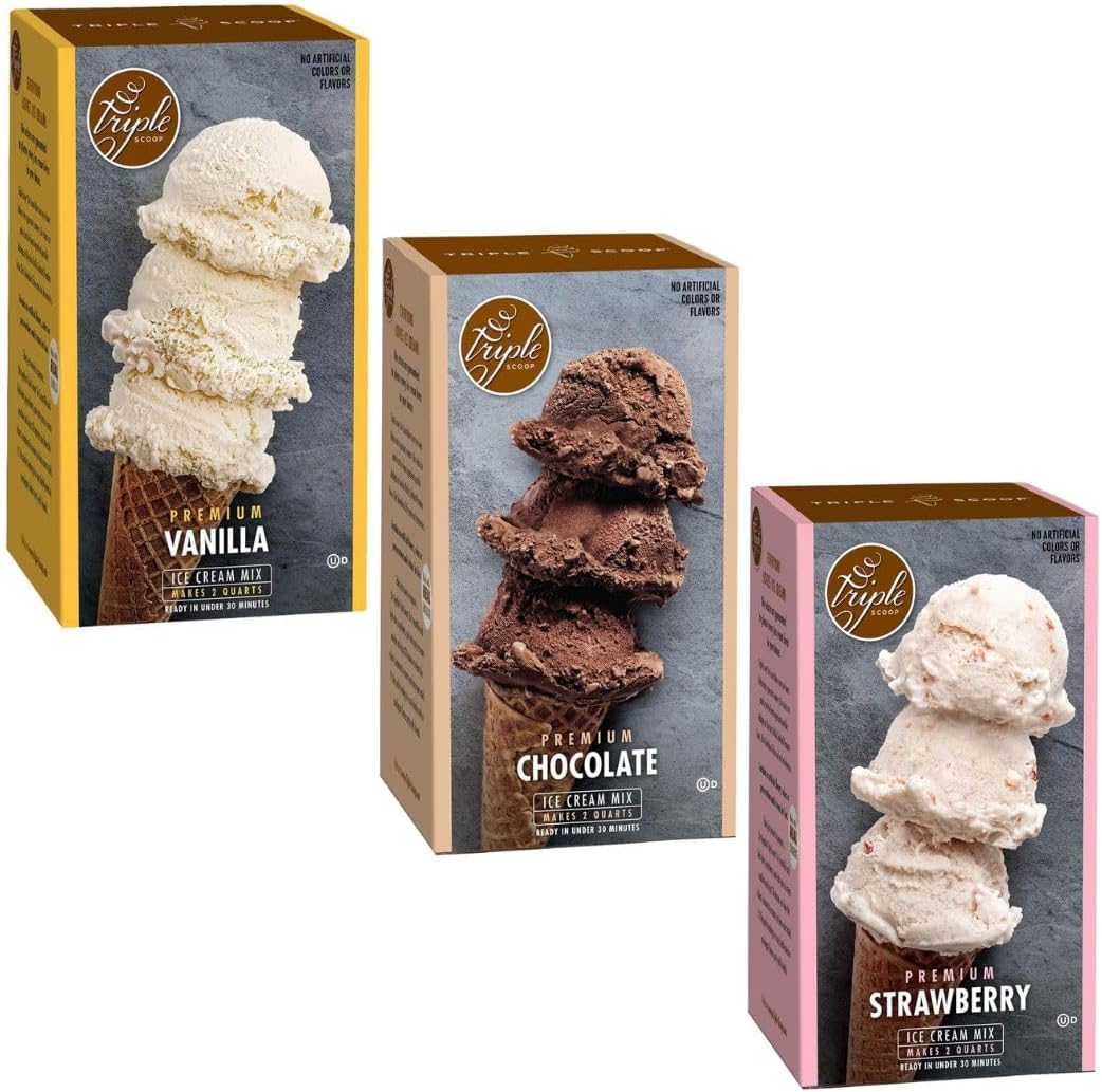 Triple Scoop - Neapolitan Variety Pack Ice Cream Mix, Mix For Ice Cream Maker. Simple, Easy, Delicious. From Gourmet Mix To Maker in 5 Minutes. Made in USA (Vanilla, Chocolate, Strawberry)