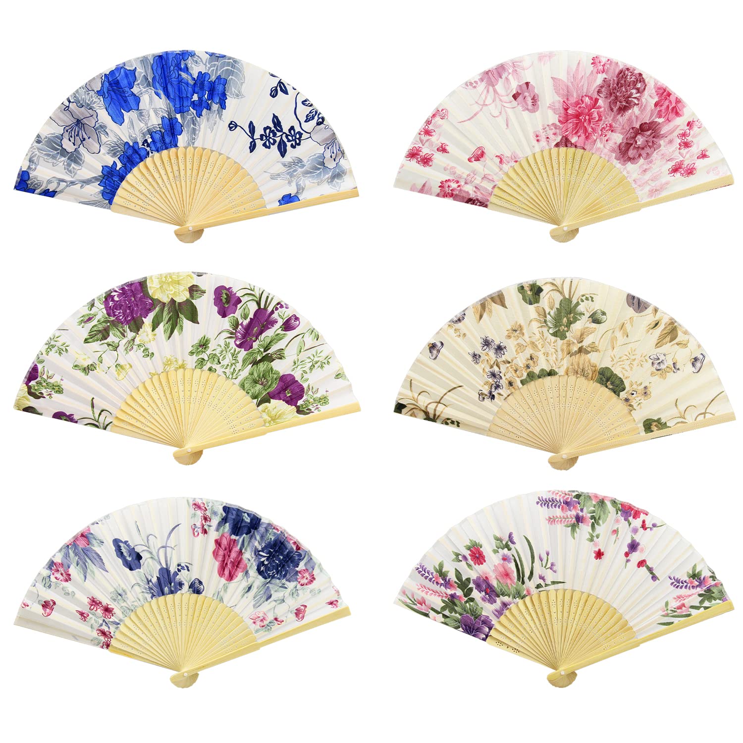 YUE QIN 6 Pcs Folding Fans Handheld Bamboo Silk Fabric Folding Cloth Hand Fans Chinese Style Hand Fan Bamboo Fans for Cosplay Party Birthday Gift Wedding Decoration