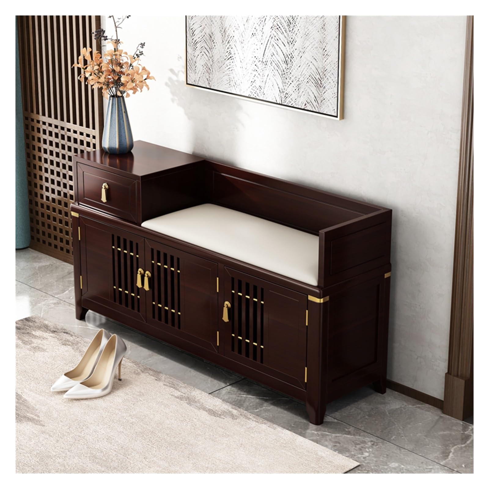Aioneer Footstool For Front Door Entrance Home Solid Wood Shoe Changing Stool Shoe Cabinet Chinese Style Shoe Changing Stool Household Long Shoe Changing Stool With Storage Cabin-120 * 37 * 45cm