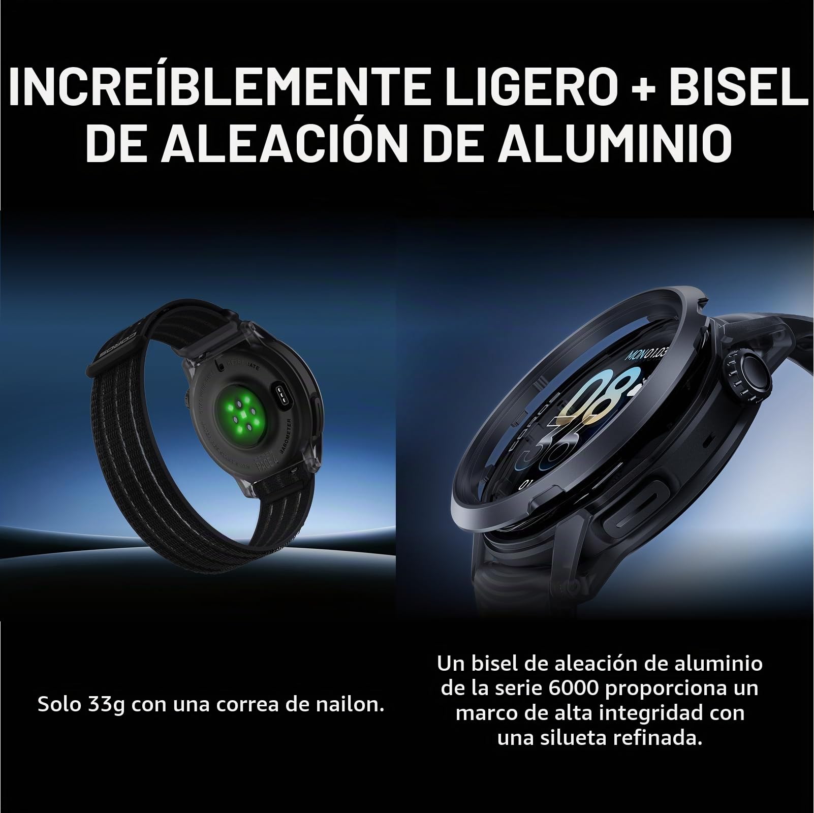 COROS Pace 4 Reloj GPS Deportivo Ultraligero -Cristal Negro, Aluminio | Pantalla táctil AMOLED de 1,2", 19 días de uso diario, control por voz, herramientas de entrenamiento avanzadas, GPS preciso
