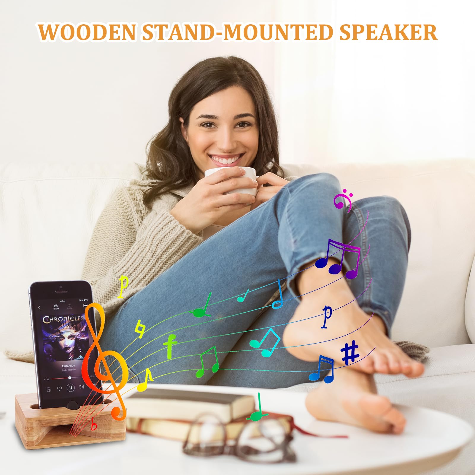 Soporte de teléfono de madera multifunción con altavoz incorporado de diseño elegante soporte de madera para teléfono inteligente, soporte de teléfono práctico con función de altavoz para casa