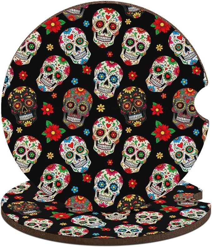 Car Cup Holder Coaster, 2PCS Universal Cup Mat Car Accessories, Day of The Dead Sugar Skull Anti-Slip Cork Base Drink Coasters for Men Women