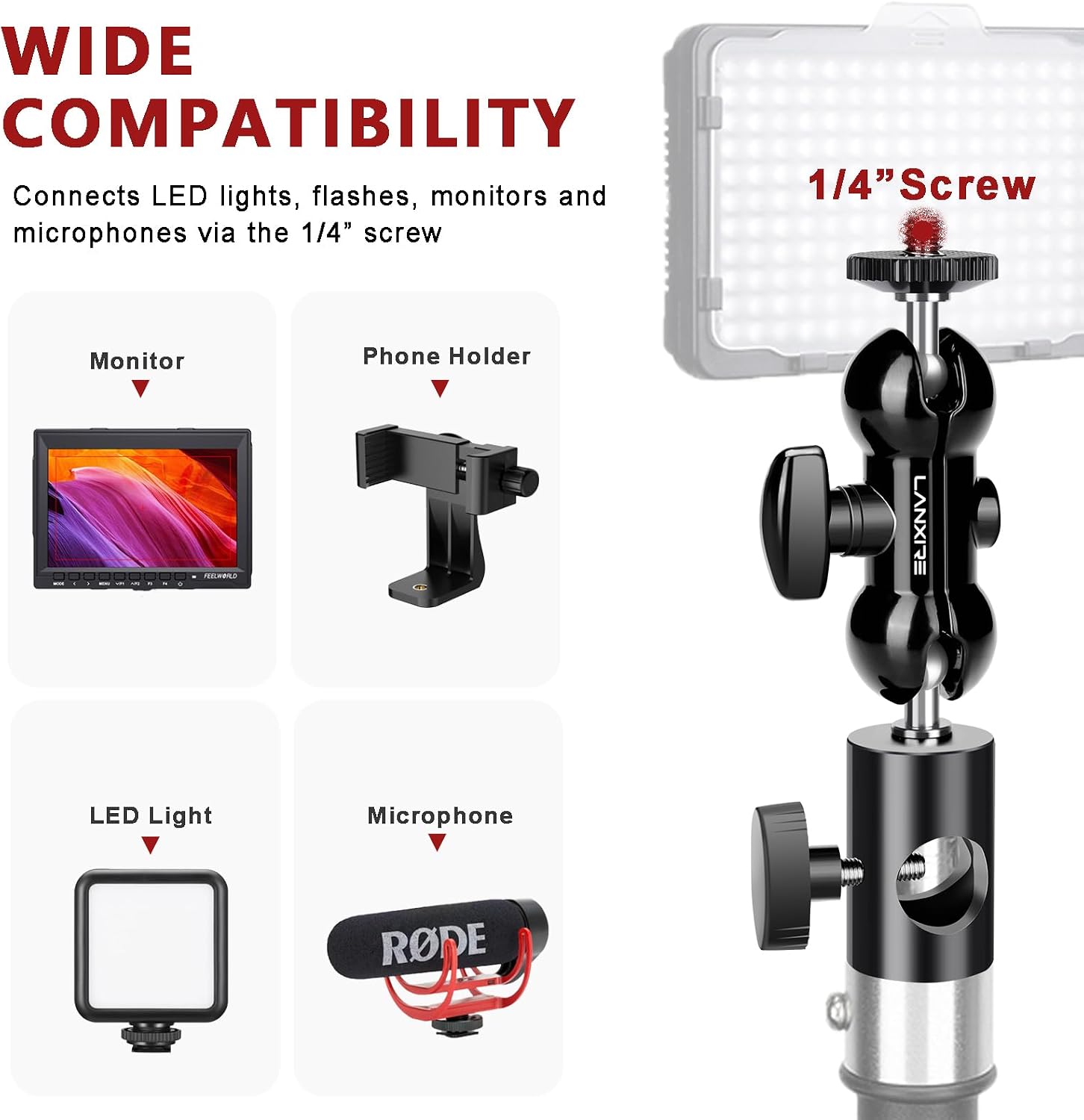Light Stand Mount Adapter with Double Ball Head - Compatible with Ring Light - Fits Flat Head Light Stand - Max Load 4.4lb/2kg - 1/4" Screw Cool Ball Head image 5