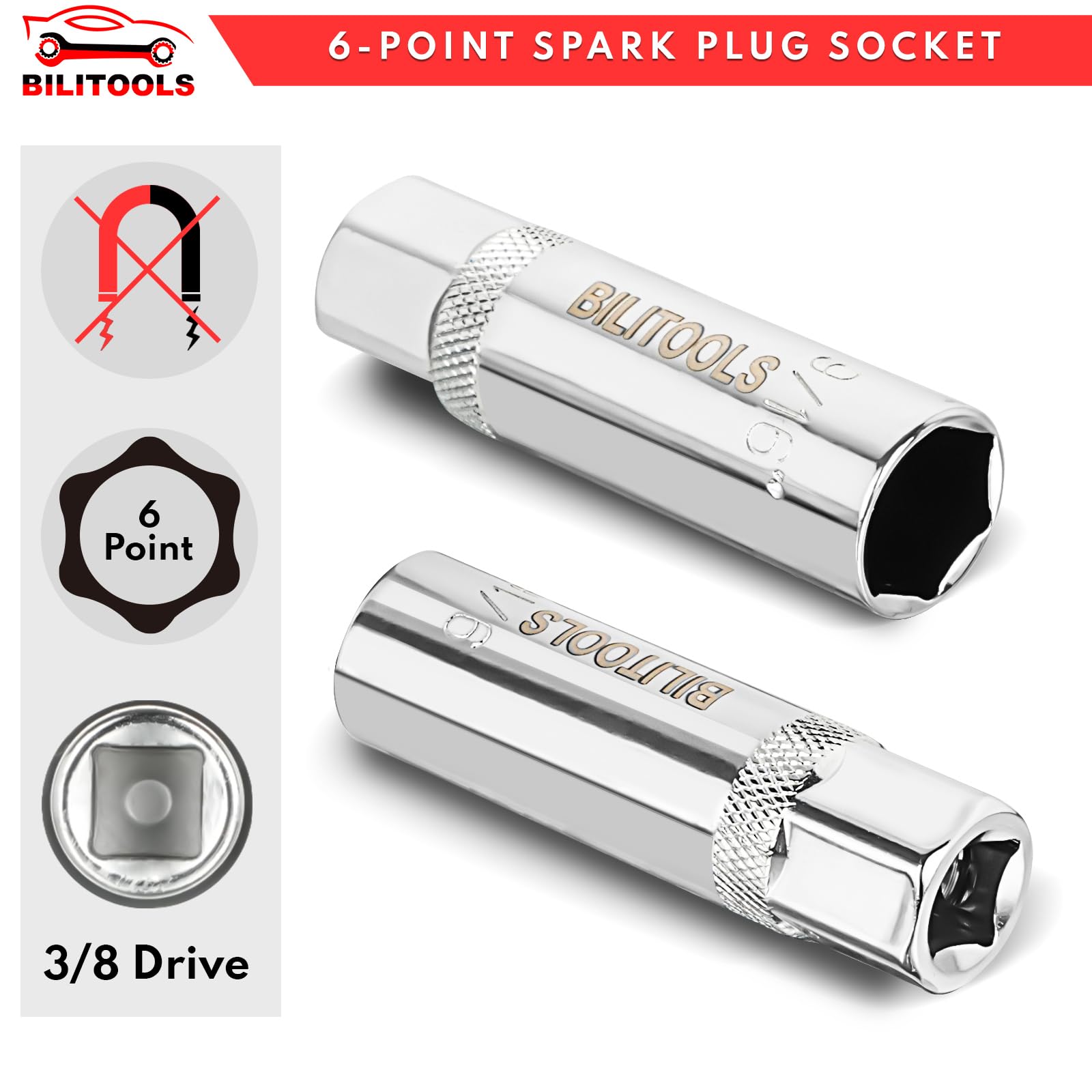 BILITOOLS 9/16-inch Spark Plug Socket 3/8-inch Drive Powerful Retains Thin Wall Spark Plug Socket 6-Point, CR-V