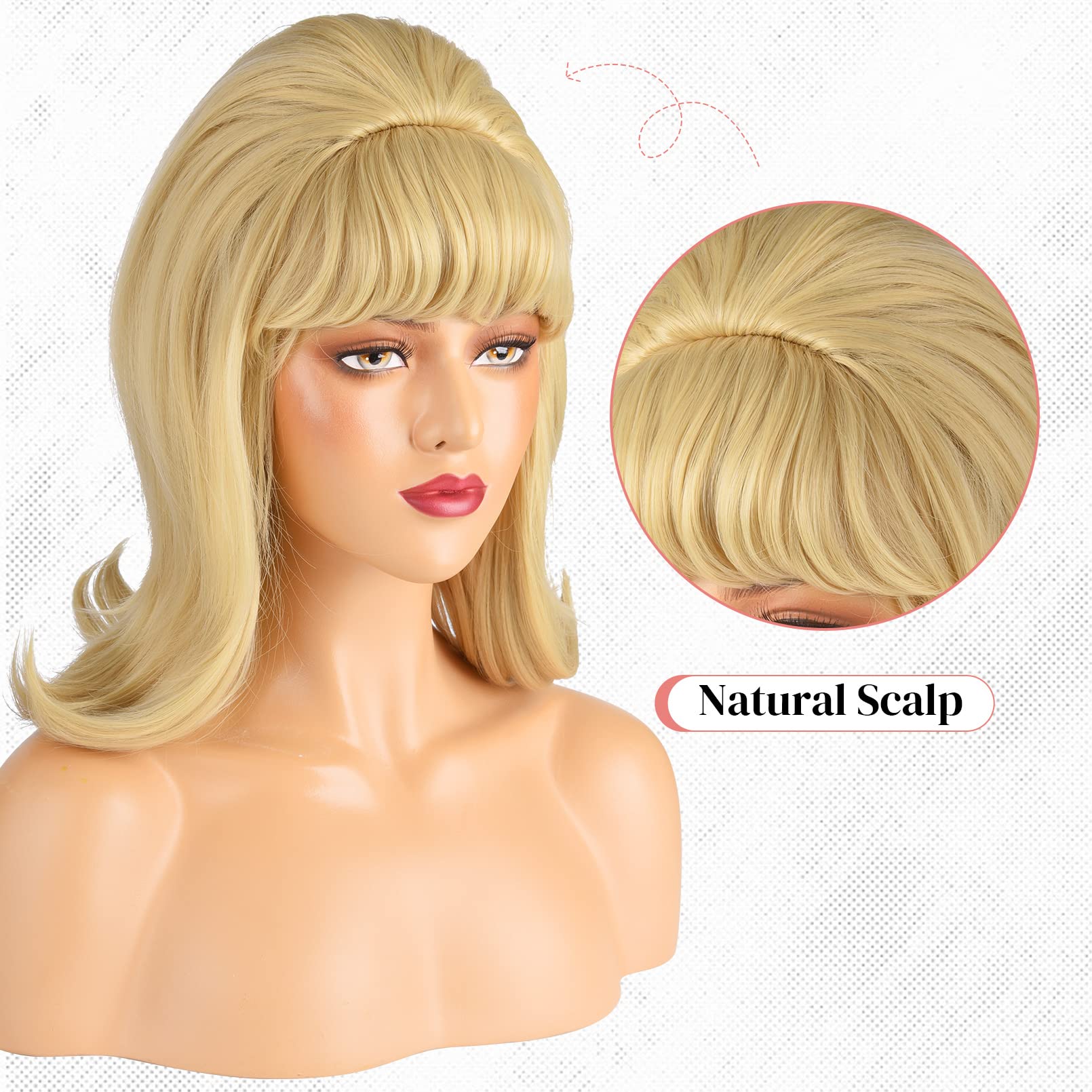 LONAI Retro Blonde Wig 50s 60s 70s Wig with Bangs for Women Beehive Vintage Style Synthetic Hair for Halloween Costume Party