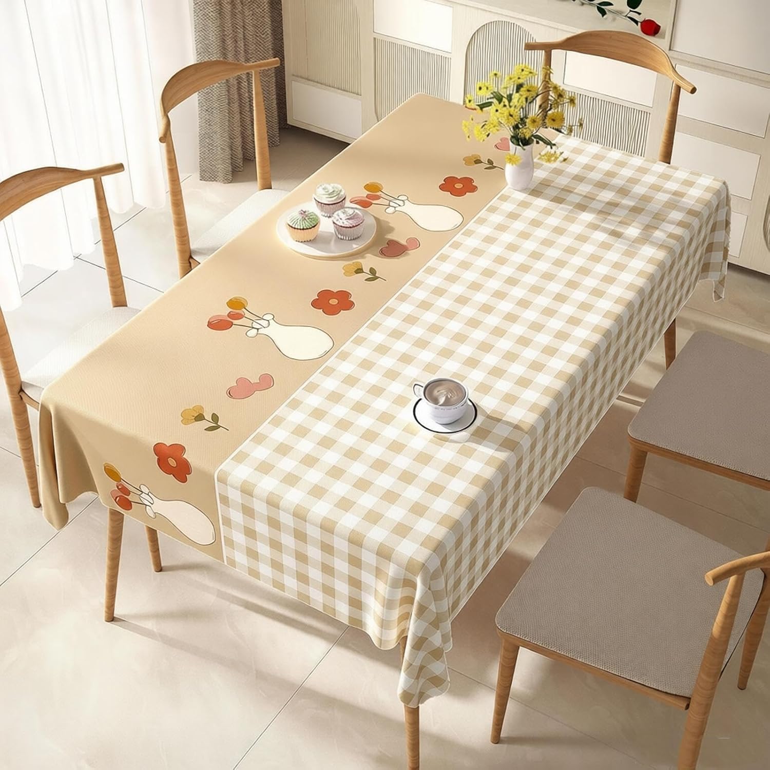 KIJyfgTR Rectangular Plastic Table Cover Country-style Print(Khaki,90x140cm)
