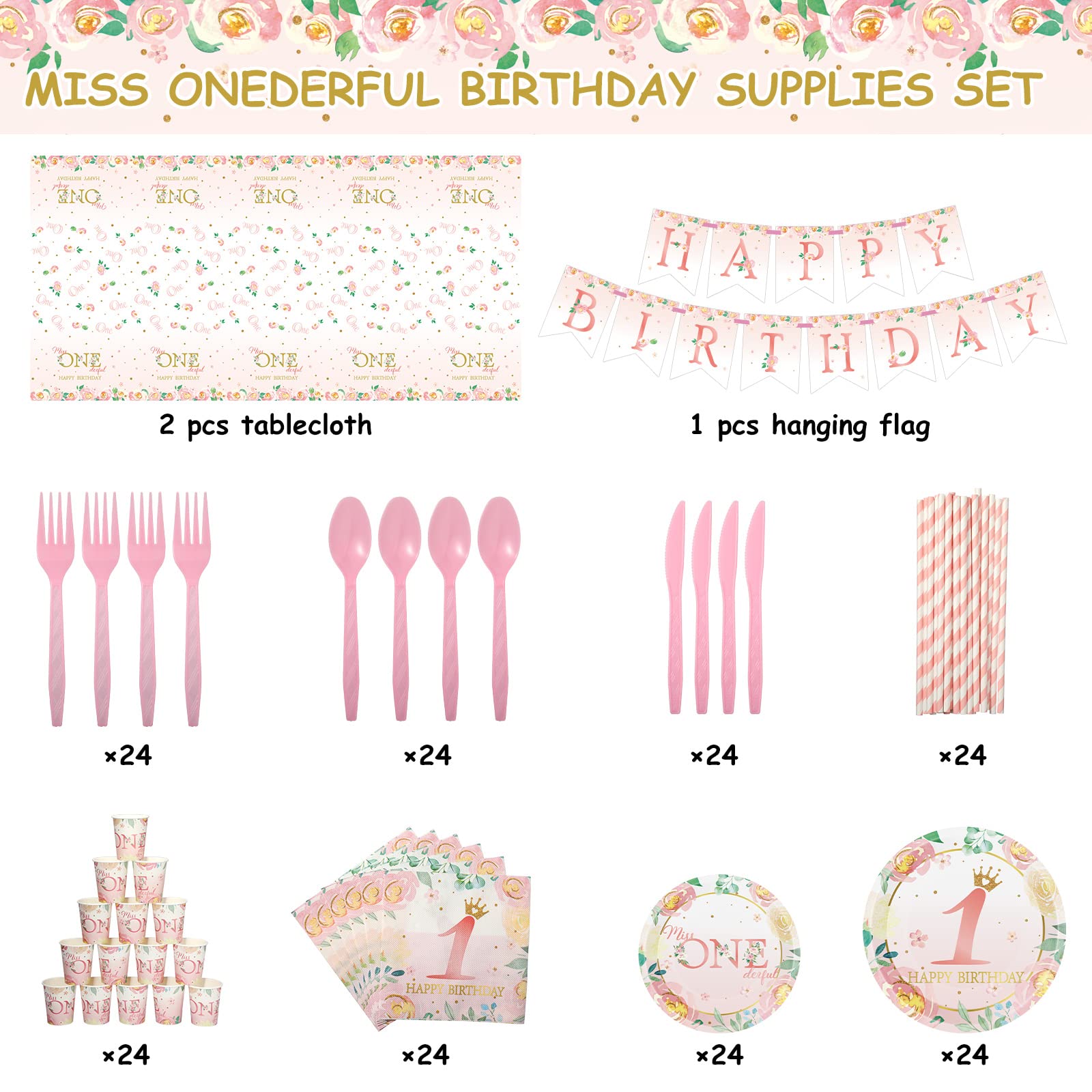 194 Pieces Girl 1st Birthday Supplies Set Miss Onederful Party Decoration Pink and Gold Floral Happy Birthday Banner Tablecloth Plates for Baby Shower Kids First Birthday Party Set, Serves 24