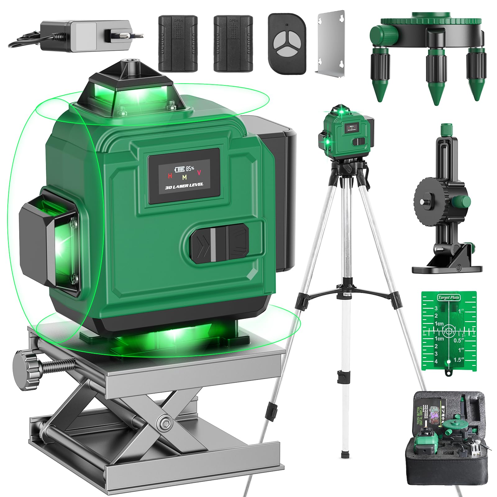 Livella Laser Autolivellante 4x360° con Treppiede, 16 Linee Livella Laser Verde Professionale, 2xBatterie Ricaricabili, Display Digitale LCD- LevelMaster PRO