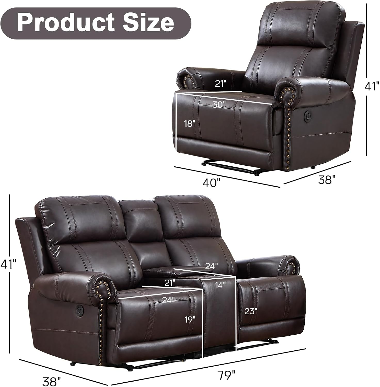 EBELLO Faux Leather Electric Reclining Sofa Set, Power Recliner Three Seats Sofa Set, a Chair and a Loveseat Sofa with USB and Type-C Charging Ports, Vintage Rivet Design for Small Living Room, Brown