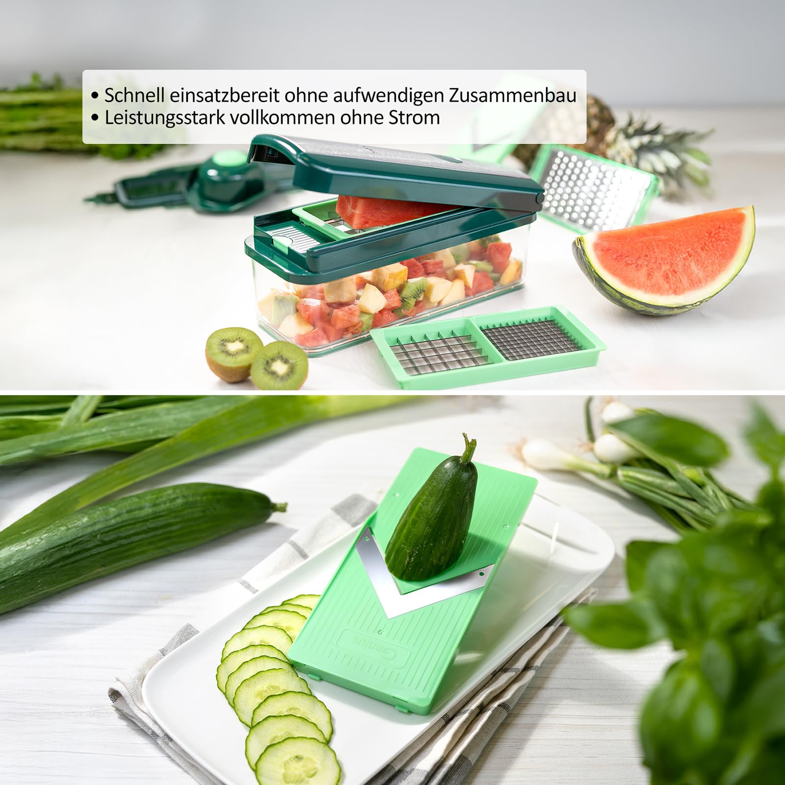Genius Nicer Dicer Exclusive 30 tlg Gemüseschneider & Gemüse Hobel multifunktional- Mandoline, Würfelschneider, Julienne & Spiralschneider, Reibe, Zerkleinerer für Gurken, Kartoffeln, Obst