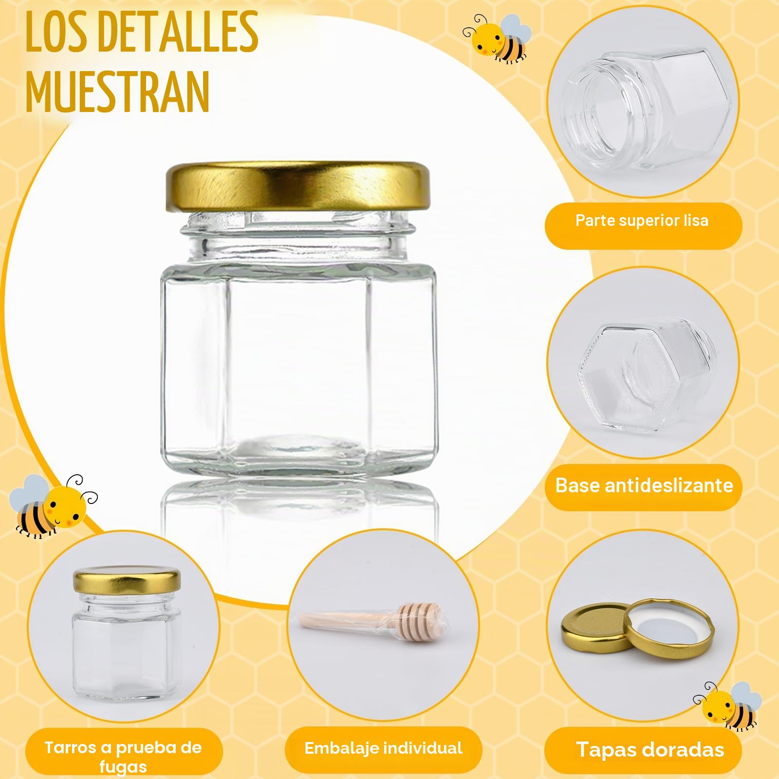 30 piezas Mini Hexagonales Tarros de Miel de Cristal,mini tarros de miel hexagonales de 45ml con tapa de rosca,Tarro De Miel De Vidrio,Tapas doradas,Colgantes de abeja