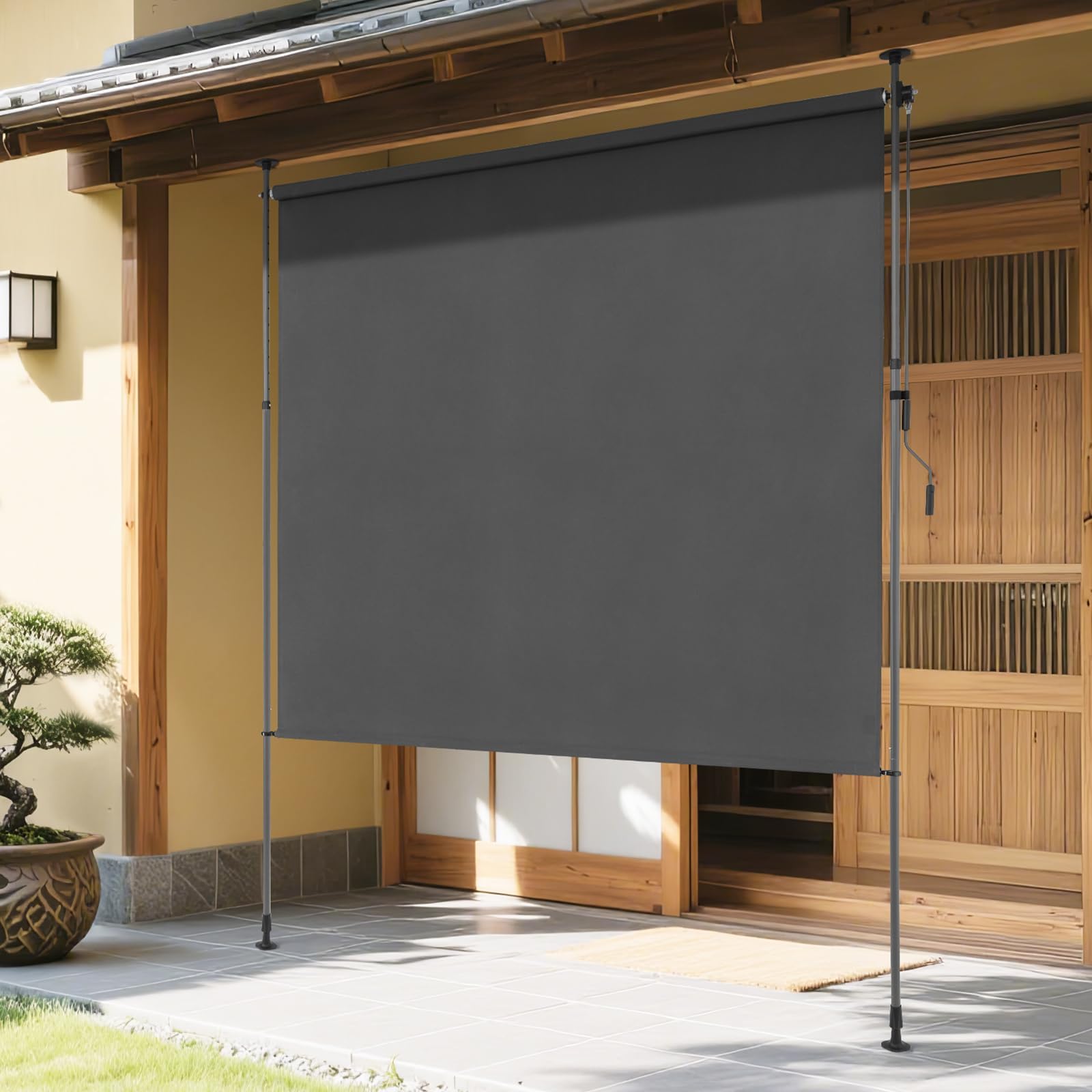 KELIXU 突っ張り式サンシェード 縦型 オーニングシェード 日除け 屋外 幅200cm ひよけ 目隠し 巻き取り式 高さ調節可能 断熱 遮光 防水シート 取り付け簡単 穴あけ不要 庭 ベランダ (グレー)