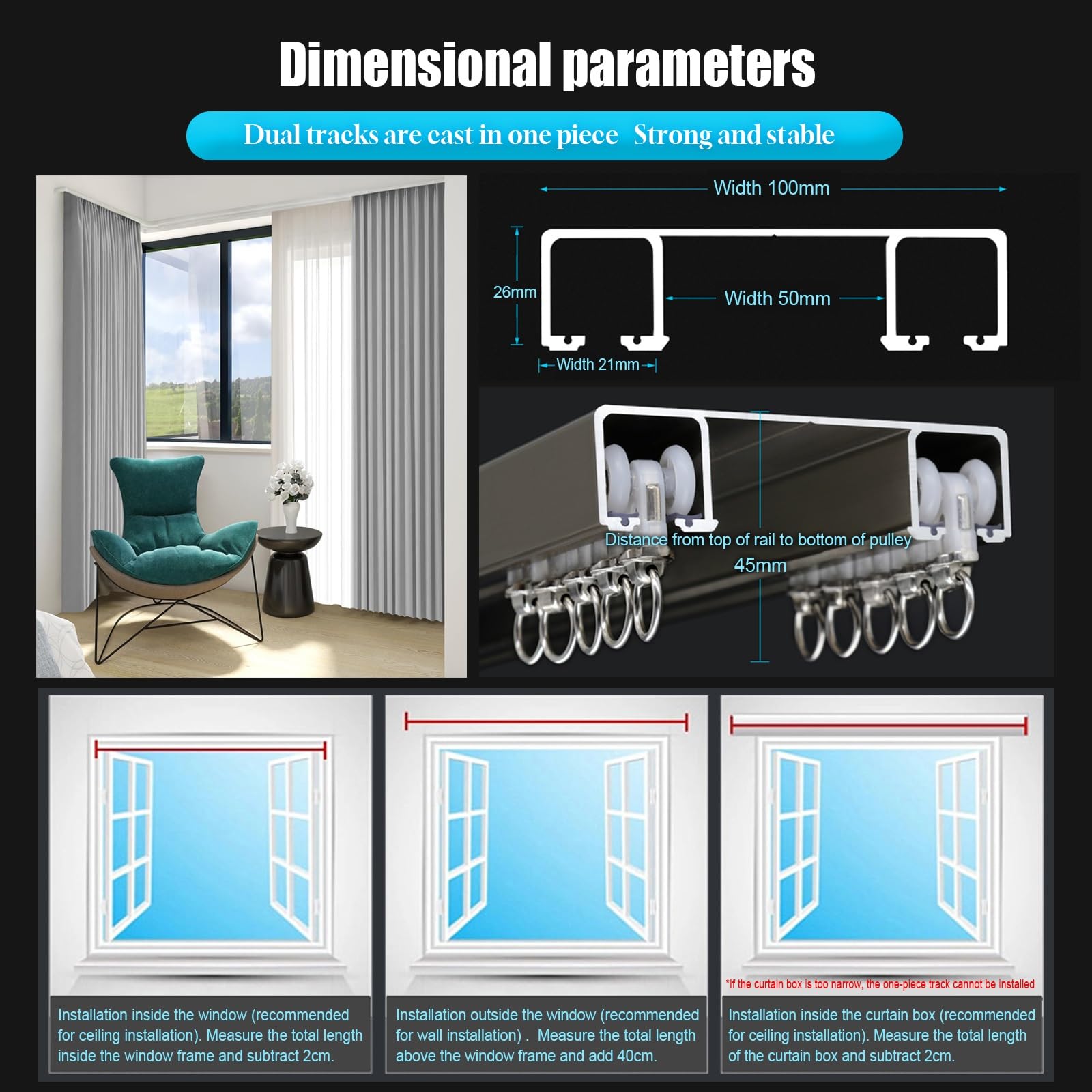 Riel de Cortina de Doble hilera Montaje en el Techo Sistema de rieles Dobles para Cortinas para Dormitorio/Sala de Estar/Ventana/Hotel Divisores de ambientes Fácil instalación(Wit,1.7m(5.6ft))