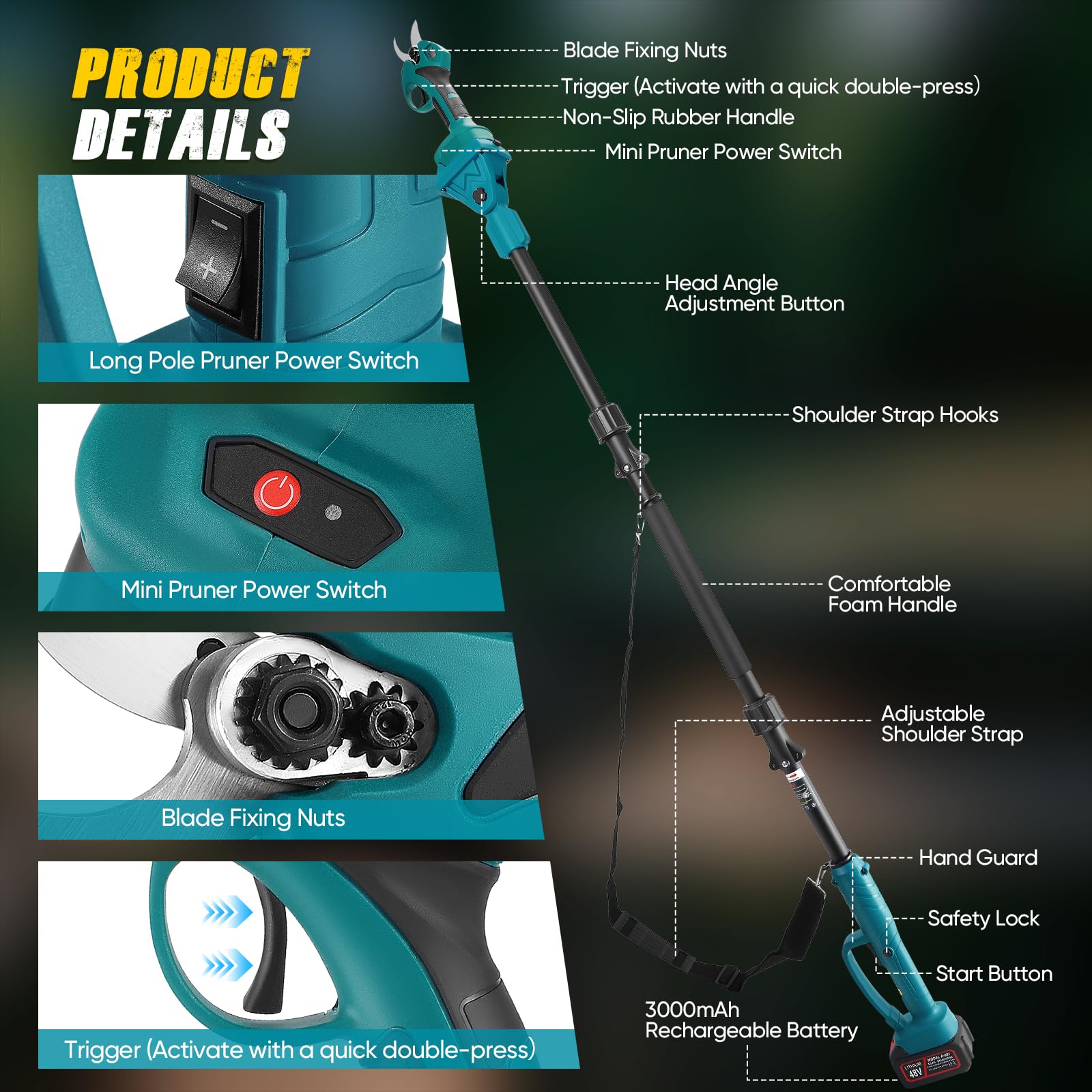 2 en 1 Secateur Electrique Sans Fil, avec 21V 2x3.0 Ah Batteries, Elagueuse sur Perche pour Arbres et Arbustes
