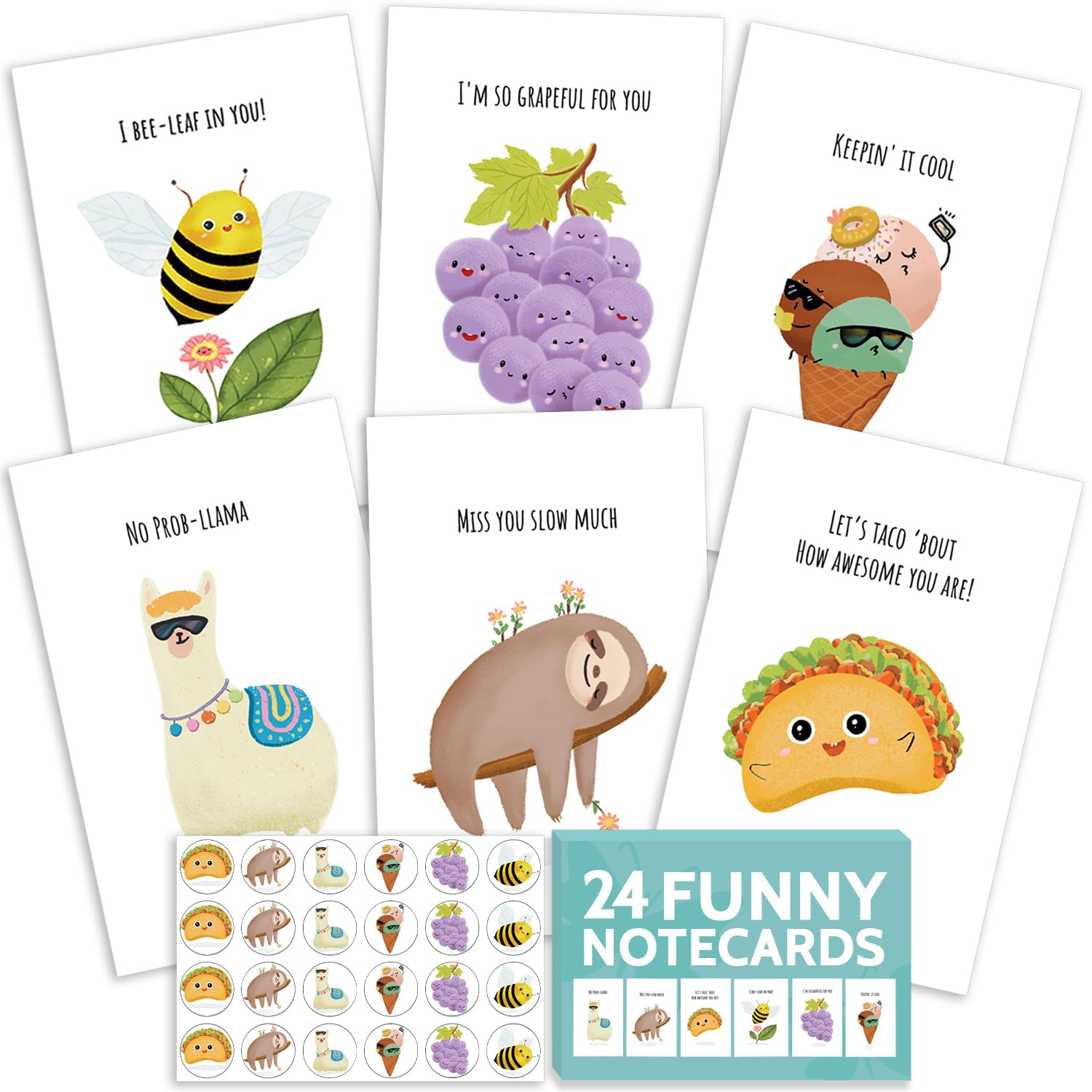 24 Funny Note Cards Set - Punny Puns Thinking of You Notecards Pack for Friends, Kids, Students, and More - Say Hello, Thank You or I Miss You with Hilarious Animals and Food Cartoon Greeting Cards and Envelopes