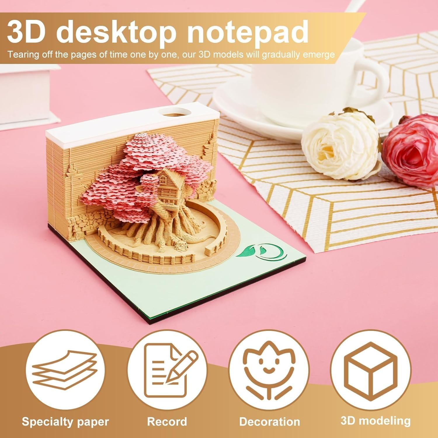 Kalendarz Time Piece 3D, kalendarz biurkowy 2025 ze światłem LED, kalendarz 3D, kalendarz 3D, papierowy, do rzeźbienia, prezent, na Boże Narodzenie, dekoracja biurka (różowe drzewo)