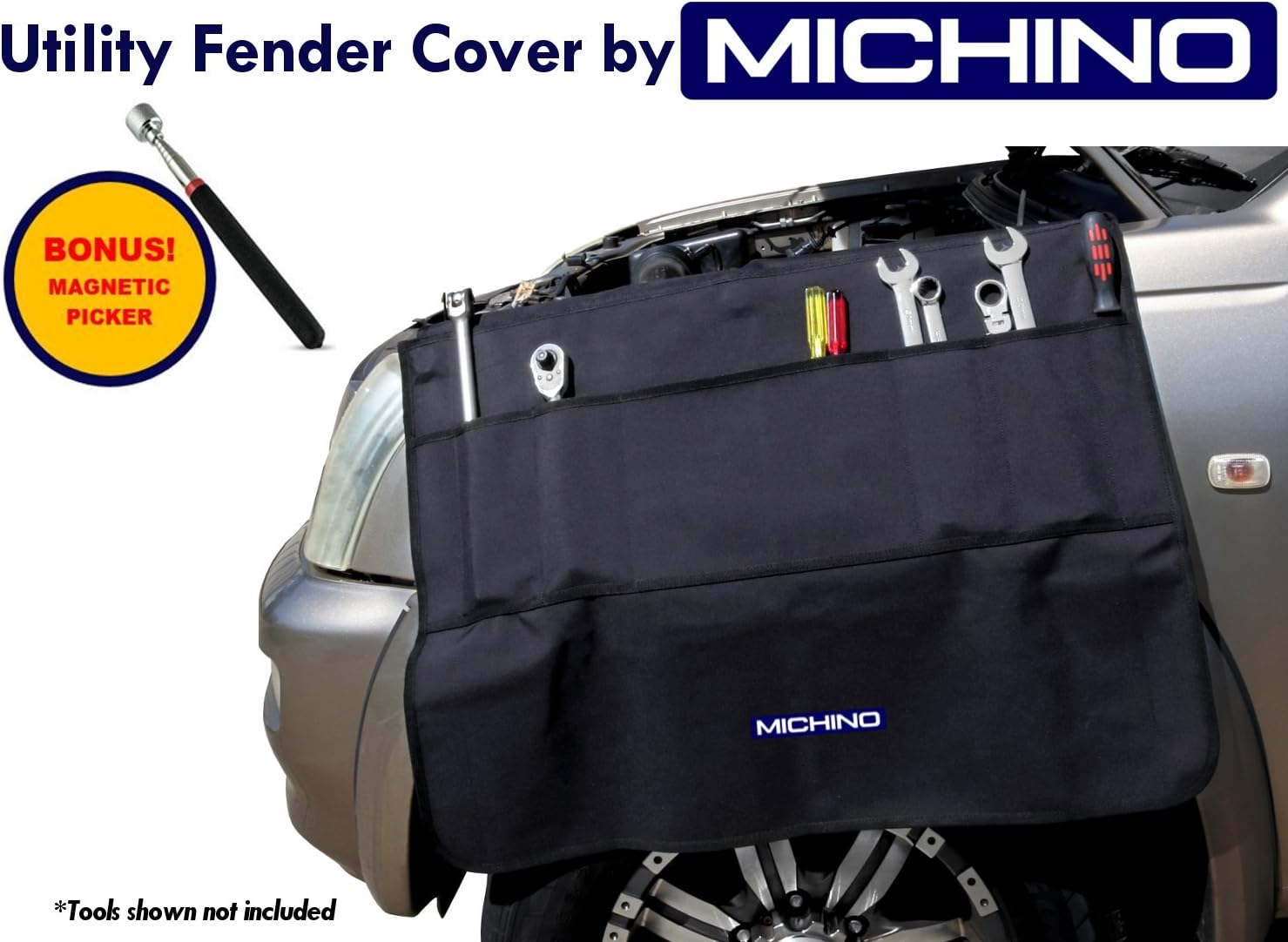 Magnetic Auto Fender Cover Protector - with Utility Pockets - Premium Fender Cover Gripper with Strong Hold Magnets - 29.5 by 32 inch Mechanics Work Mat - Tough Nylon Material - Magnetic Picker Tool Inc
